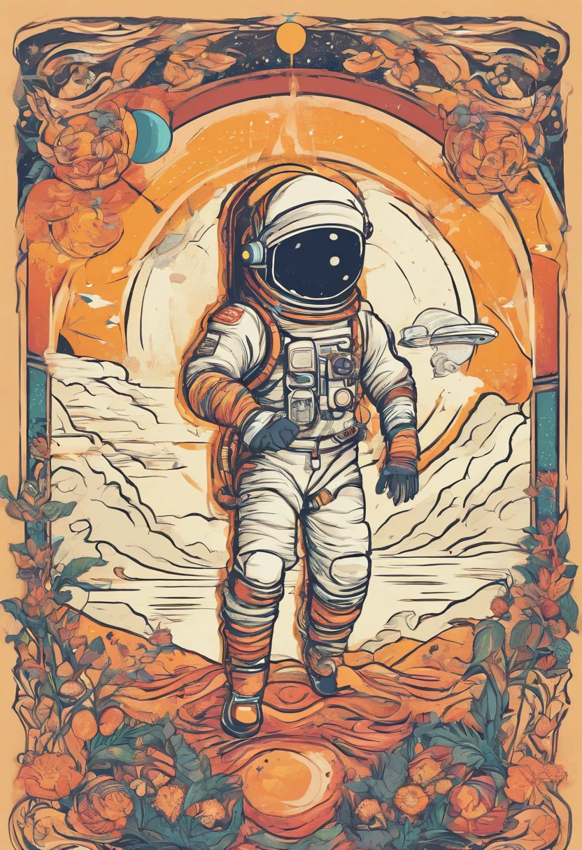 Create a joyful and vibrant digital art illustration of a cheerful astronaut in a whimsical, outer space setting. Use a bright and happy color palette to bring the astronaut to life, and design a background that includes playful elements like colorful planets, smiling stars, and floating ice cream cones. Make sure the astronaut is portrayed in a lighthearted and animated manner, evoking a sense of wonder and happiness. This artwork will be perfect for a sticker that spreads joy and positivity