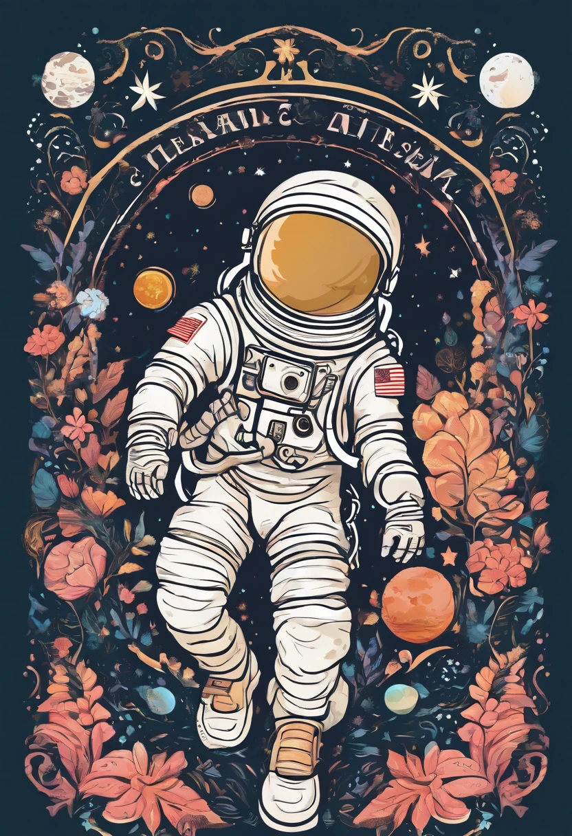 Create a joyful and vibrant digital art illustration of a cheerful astronaut in a whimsical, outer space setting. Use a bright and happy color palette to bring the astronaut to life, and design a background that includes playful elements like colorful planets, smiling stars, and floating ice cream cones. Make sure the astronaut is portrayed in a lighthearted and animated manner, evoking a sense of wonder and happiness. This artwork will be perfect for a sticker that spreads joy and positivity
