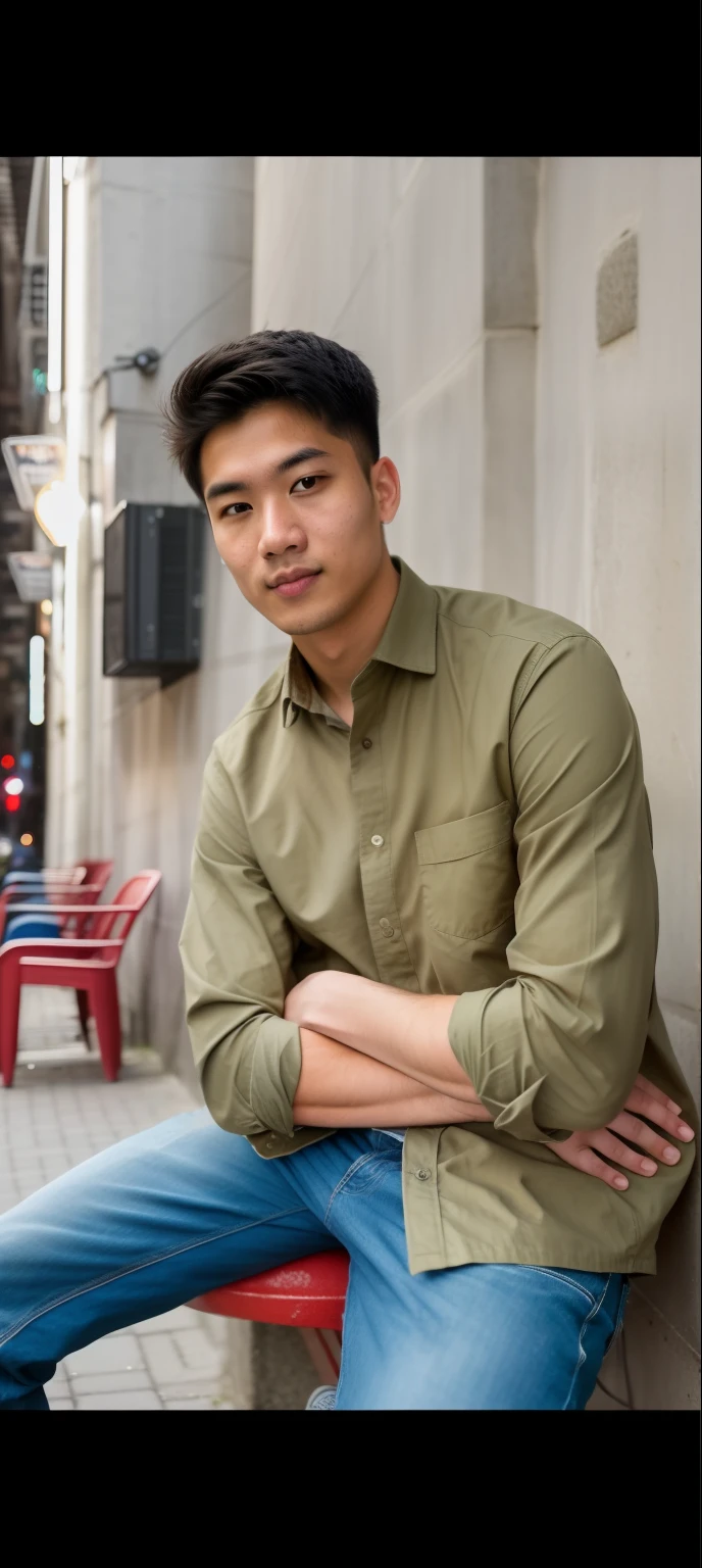 RAW photo, a portrait photo of 25 y.o man in casual clothes, night, city street, (high detailed skin:1.2), 8k uhd, dslr, soft lighting, high quality, film grain, Fujifilm XT3