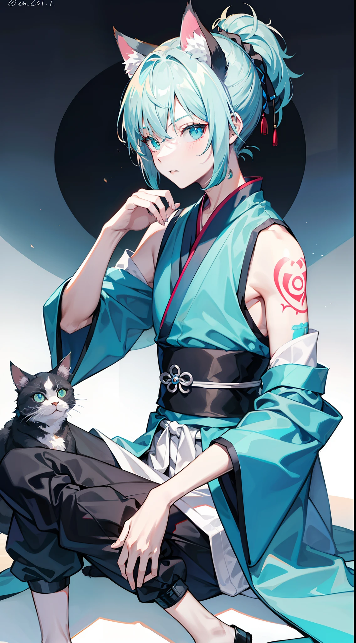 Young guy, short gray hair, high ponytail, Cyan eyes, Cat's ears, Hanfu, Sleeveless, Tatoo, Masterpiece, hiquality