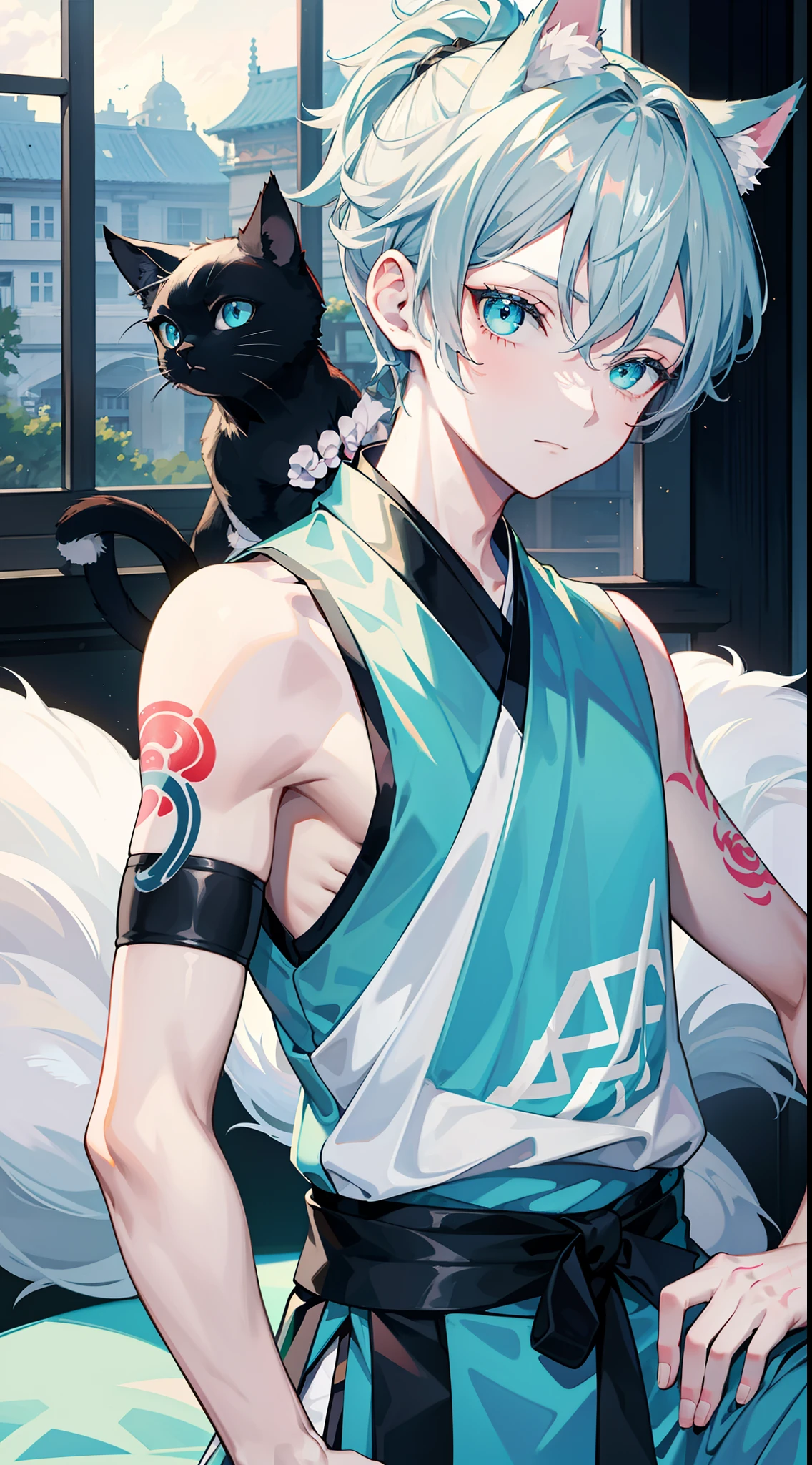 Young guy, short gray hair, high ponytail, Cyan eyes, Cat's ears, Hanfu, Sleeveless, Tatoo, Masterpiece, hiquality