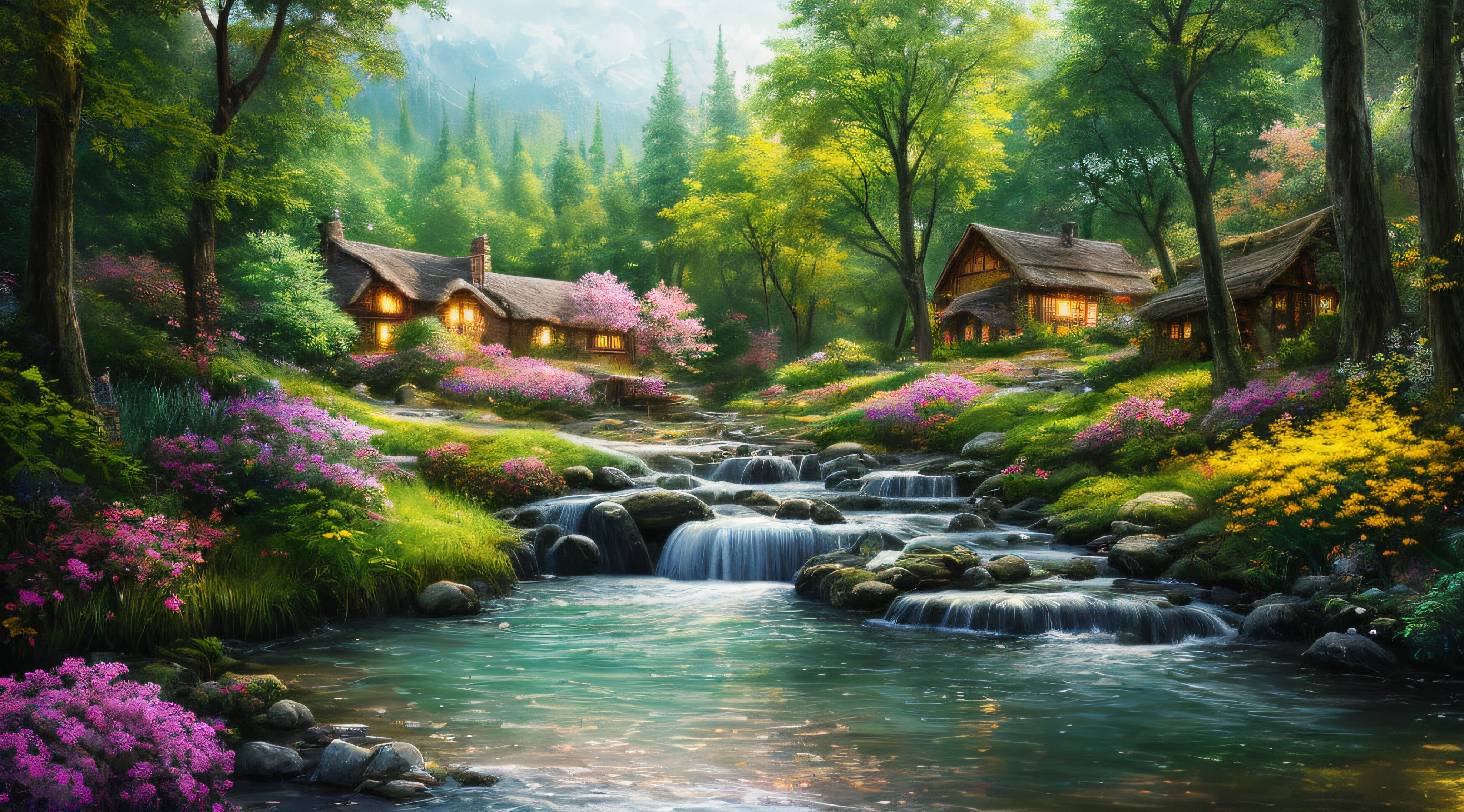 masterpiece, best quality, high quality,extremely detailed CG unity 8k wallpaper, An enchanting and dreamy scene of a fantasy forest, beautiful cottage beside a stream,with towering trees, glowing flowers, and hidden fairy glens, creating a sense of mystique and enchantment, artstation, digital illustration, intricate, trending, pastel colors, oil paiting, award winning photography, Bokeh, Depth of Field, HDR, bloom, Chromatic Aberration ,Photorealistic,extremely detailed, trending on artstation, trending on CGsociety, Intricate, High Detail, dramatic, art by midjourney
