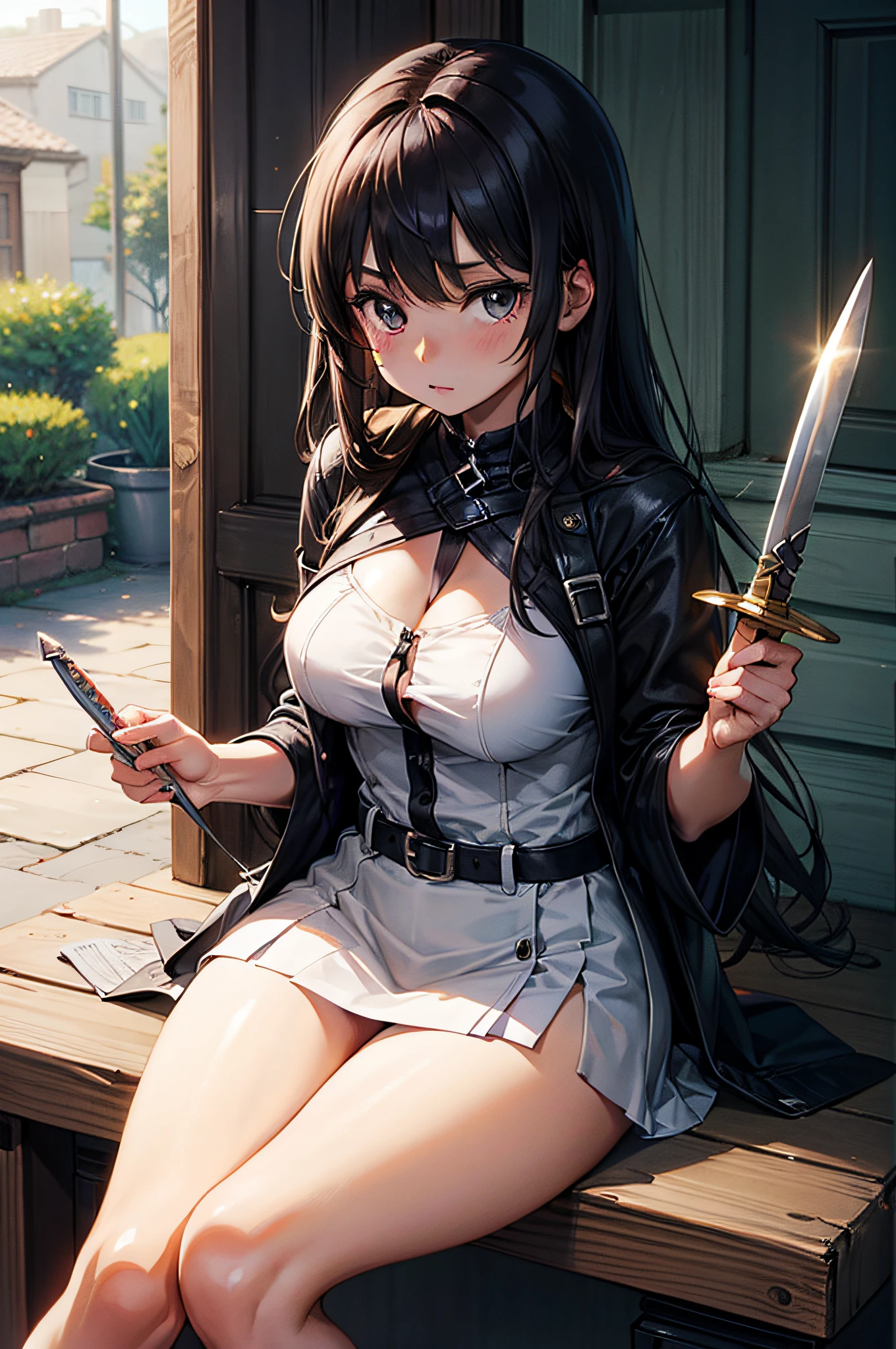 Anime style. Girl. A world of swords and sorcery. White underwear. Miniskirt. Milking. Sitting and opening the crotch.