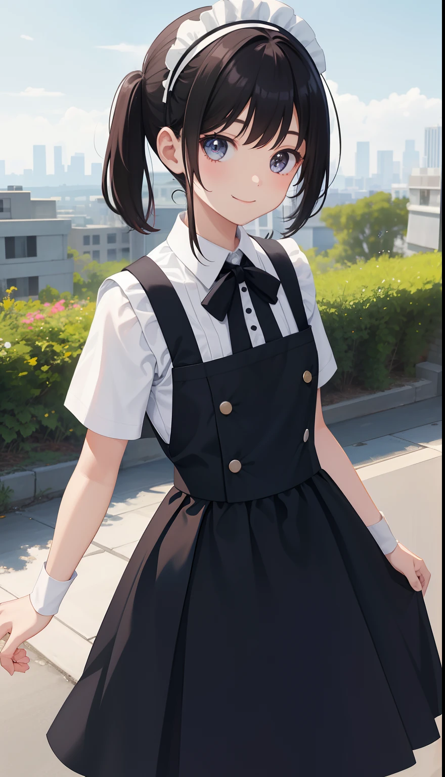 1girl in、AS-Adult、A smile、The shirt、skirt by the、（small tits）、doress、pinafore、hair adornments、（Maids）、Upper body portrait、monochromes、