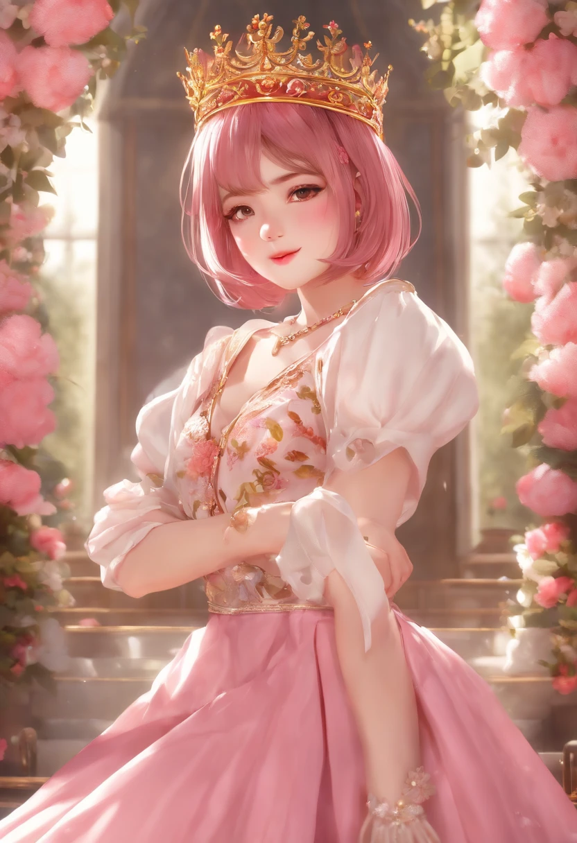 18 year old beautiful girl, masterpiece, best quality, 8K animation, detailed fingers, precise fingers, not unnatural hands, illustration, 1 girl, solo, pink bob cut, gold crown, flower hair ornament, sagging eyes, red mini skirt, YUI