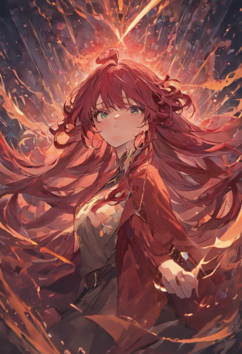 enigmatic but playful, Mysterious, Emerald eyes, (Rich crimson hair), (wavy cascading long hair), Twin pitch black demon horns, otherworldly, exceptionally beautiful, plump, curvy, tight brown T-Shirt, tight blue jeans that hug curves, ethereal spirit, teasing smile, (high quality), volumetric lighting, living room background, evening light