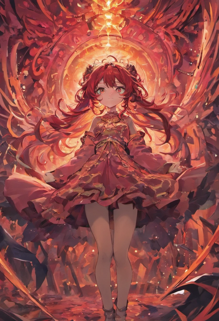 enigmatic but playful, Mysterious, Emerald eyes, (Rich crimson hair), (wavy cascading long hair), Twin pitch black demon horns, otherworldly, exceptionally beautiful, plump, curvy, tight brown T-Shirt, tight blue jeans that hug curves, ethereal spirit, teasing smile, (high quality), volumetric lighting, living room background, evening light