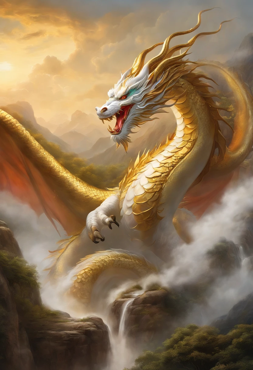Landscape painting，White rainbow background，A huge Chinese dragon is golden in the air