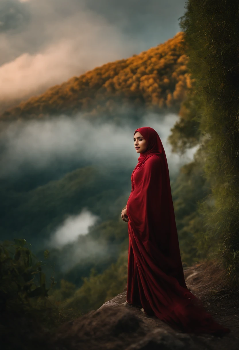 Compose a captivating and realistic photograph that blends the traditional beauty of a Malay girl in a hijab with the enchantment of a fantasy world. Transport your subject and the giant red panda into a magical realm filled with lush, otherworldly landscapes, surreal creatures, and vibrant colors. Create a scene that conveys a sense of wonder and harmony between the girl and her fantastical companion, evoking the idea of a unique and heartwarming connection between two worlds