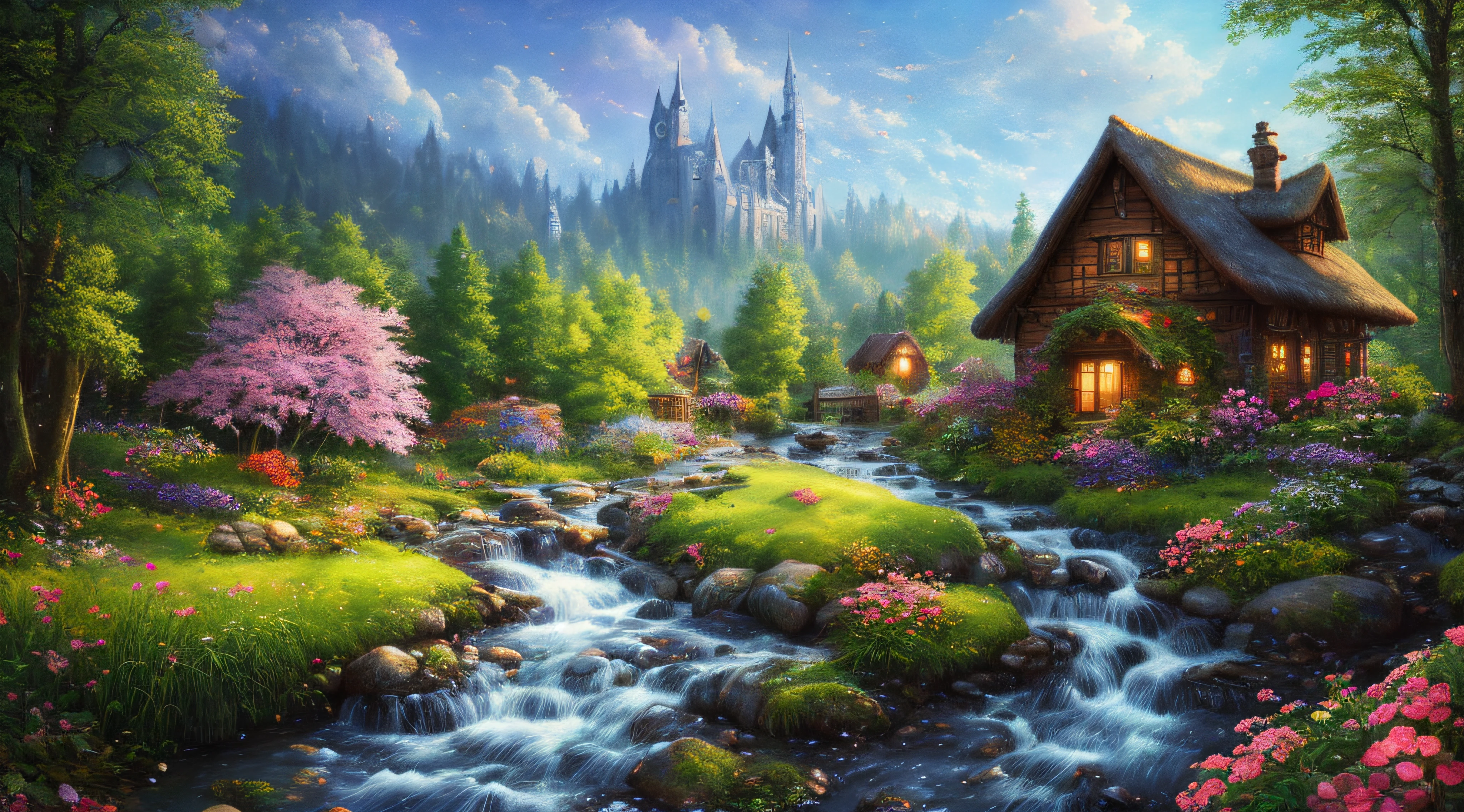 masterpiece, best quality, high quality,extremely detailed CG unity 8k wallpaper, An enchanting and dreamy scene of a fantasy forest, beautiful cottage beside a stream,with towering trees, glowing flowers, and hidden fairy glens, creating a sense of mystique and enchantment, artstation, digital illustration, intricate, trending, pastel colors, oil paiting, award winning photography, Bokeh, Depth of Field, HDR, bloom, Chromatic Aberration ,Photorealistic,extremely detailed, trending on artstation, trending on CGsociety, Intricate, High Detail, dramatic, art by midjourney