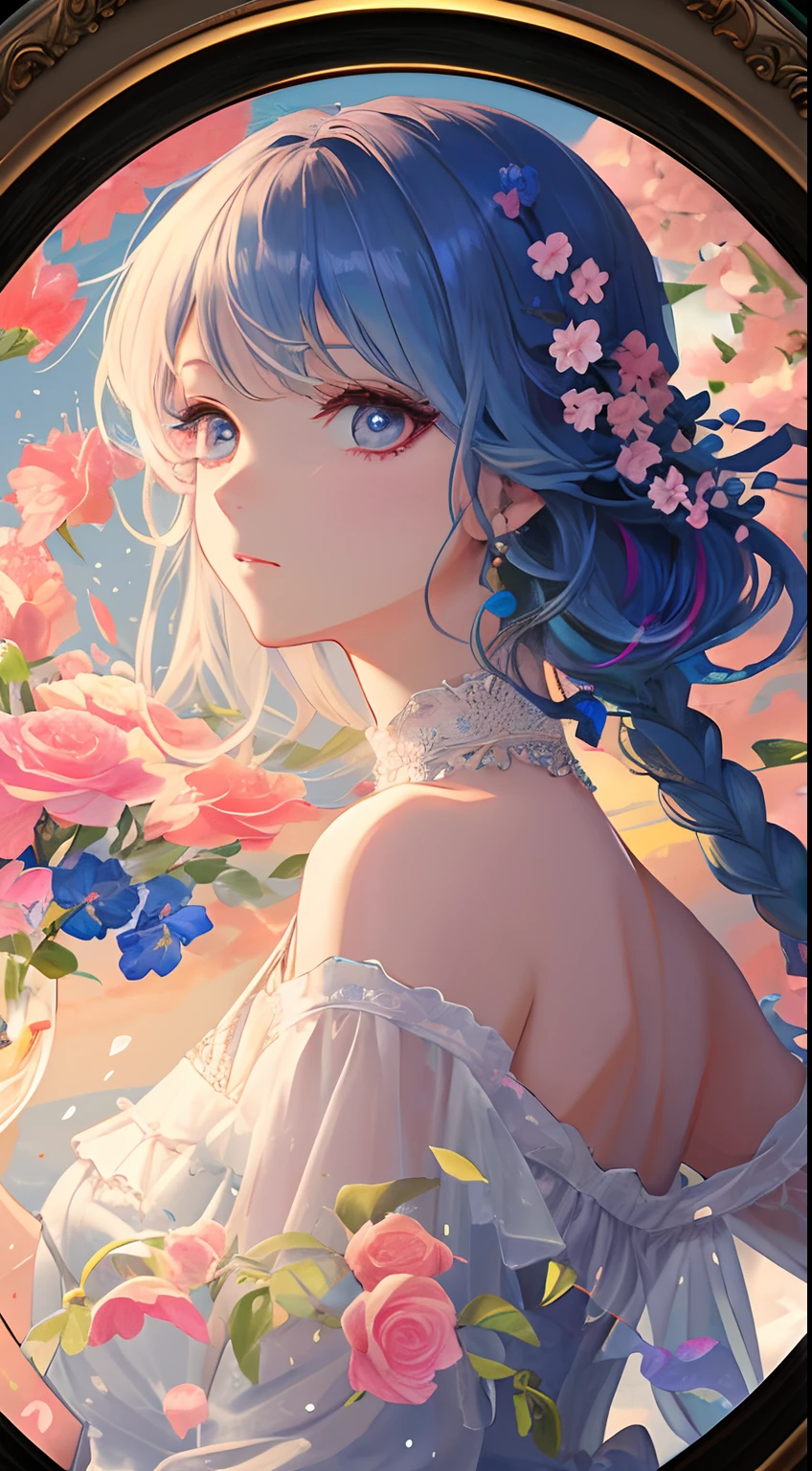 Beauty 1 person、(masterpiece、top-quality、top-quality、Beautifully Aesthetic:1.2)、(1girl in:1.3)、(Fractal Art:1.3)、picture frame、rainbow-colored hair、Detail Frame、Dynamic、florals、round frame、Florals Kui、Lots of petals fluttering、Expressive thinking、Florals Kui、Delicate dresses、Picture frame in the style of a painting