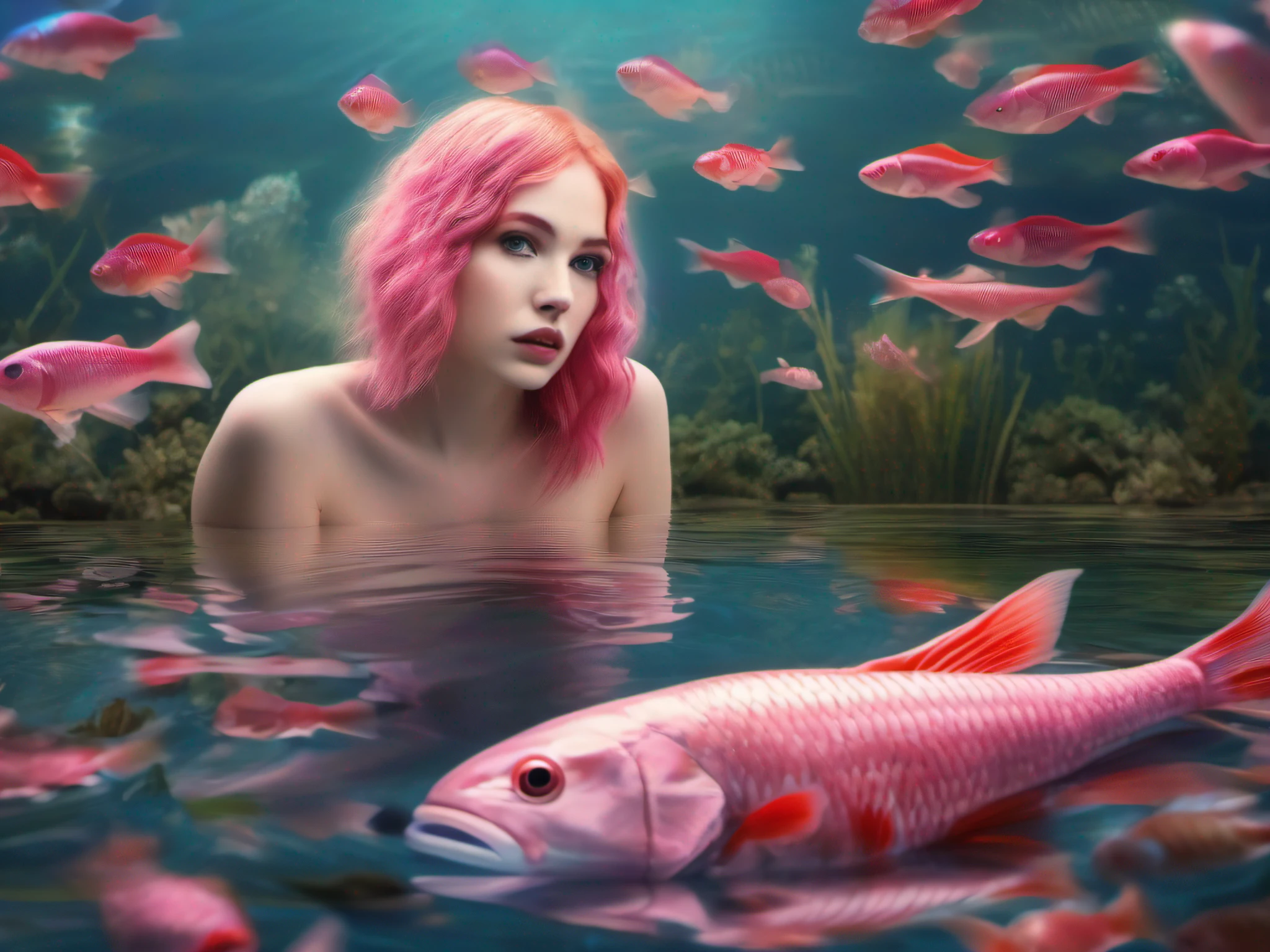 Pretty young lady swimming inside a fish pond with pink hair, holding a fish, STYLE light solarisation effect, STYLE POP inspo STABILITY, serene mood, candid portraiture, UHD image, light filled scene, colors crimson, light blue, light red, light pink, bold fashion photography, Charles spencelaugh. -- Ultra high-resolution details, fine texture, Highly photorealistic, Ultra HD 12k, --v 5.1, -- s 50, chaos 10.
