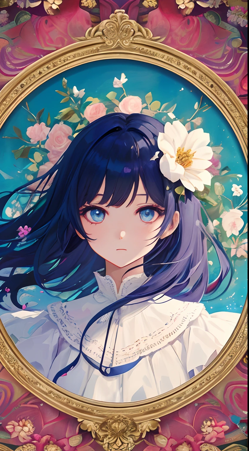 Beauty 1 person、(​masterpiece、top-quality、top-quality、Beautifully Aesthetic:1.2)、(1girl in:1.3)、(Fractal Art:1.3)、picture frame、rainbow-colored hair、Detail Frame、Dynamic、florals、round frame、Florals Kui、Lots of petals fluttering、Expressive thinking、Florals Kui、Delicate dresses、Picture frame in the style of a painting