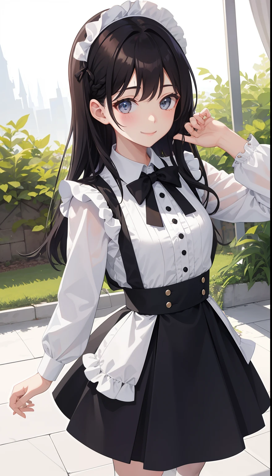1girl in、AS-Adult、A smile、The shirt、skirt by the、(small tits)、doress、pinafore、hair adornments、(Maids)、Upper body portrait、a black and white photo、