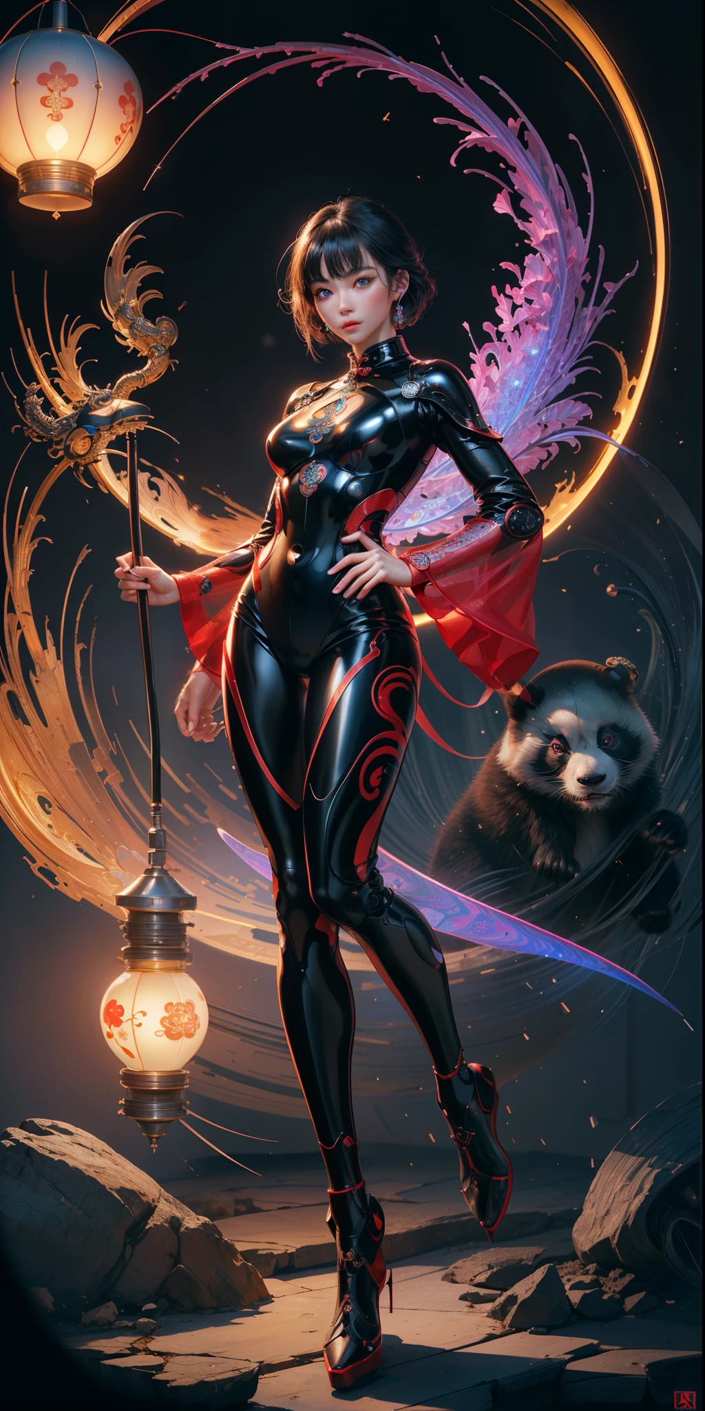 [Detailed illustrations, art based on extremely ideal anatomy, very detailed and detailed drawings, slow and delicate pen touches, realistic texture expression],((Accurate simulation of light-material interactions, understanding of air flow, mechanically correct expression))),(Design built at a high level,((Advanced structural understanding)),Ideal color coordination),(( Intricate Decoration (Ultra-dense Detail)),(Detail,High Definition)(Color Tressed Lines)),(Artwork with Outstanding Craftsmanship),((Fine and Beautiful Skin Expression (Transparency))),(Perfect Beautiful Face,Realistic Face Detail),(Perfect Eye (Realistic Pupil Detail (Beautiful Iris Drawn in Detail) (Sharp Pupil))),((Perfectly proportioned and Proportioned)),(Lab Background),[Girl Chinese Beaut Cyborg 15 years old, short hair] Muscular,(Kung Fu Machine Leg Engine Built-in),[Red Cheongsam] (Panda) ((Translucent full-body rubber inner)),((Platinum coating)),(Science Fiction Mechanical Bioengineering),[Ultra Precision Detail,High Quality,High Resolution,(Multilayer Texture))],(( Visual art with a sense of narrative)).