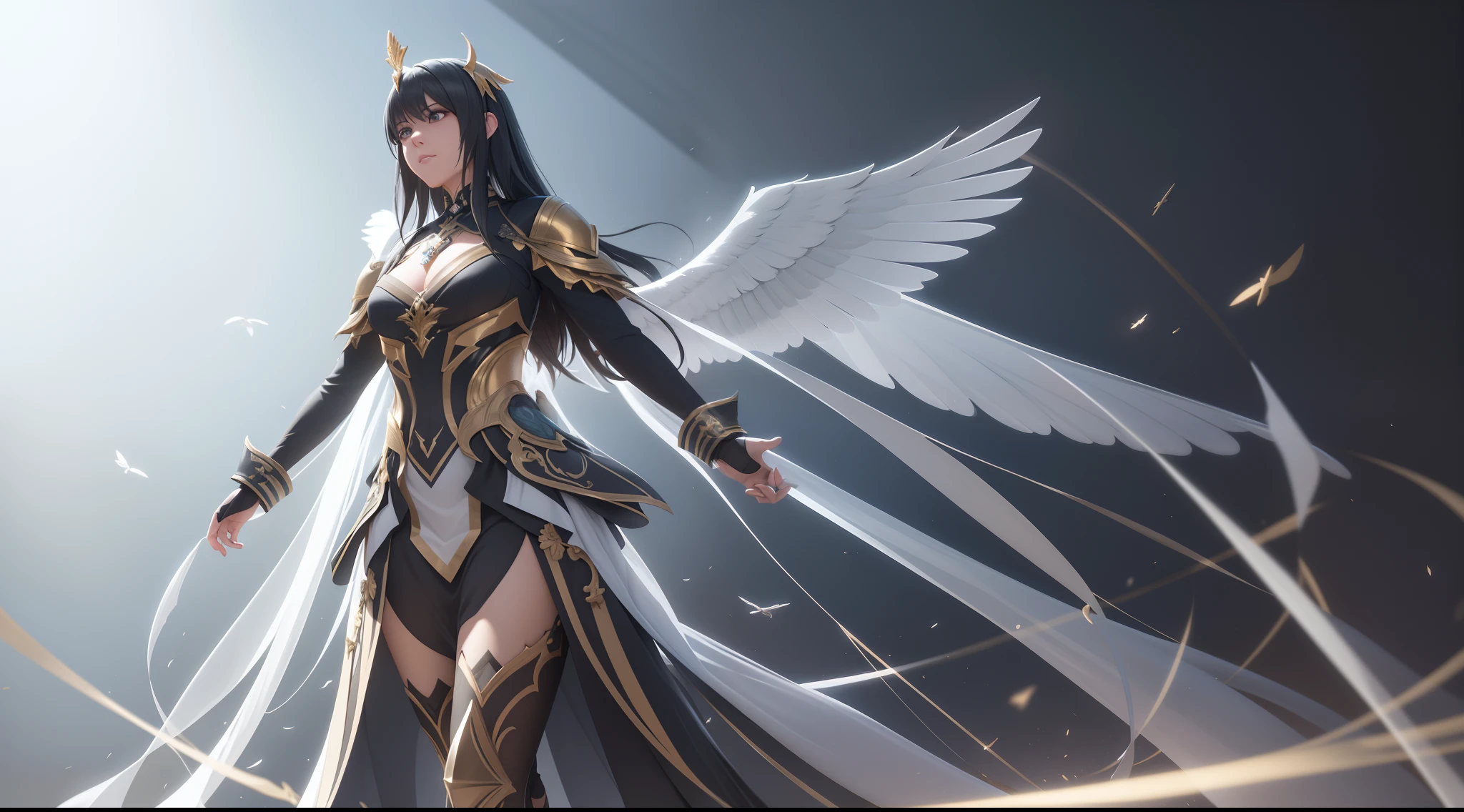 Divine six-winged archangel,Long dark gray hair,Loose hair,Male as the main body of the character,White and gold wings,Float in the divine light,Hypocritical expressions,Art that doesn't exist,Correct ray casting,Correct shadows,Multi-layered,Super clear,8K分辨率,Precise details at best quality ,Masterpiece, Extremely detailed ,CG,8K wallpaper, Amazing, finedetail, Masterpiece,Best quality,Ultra detail,best qualtiy,tmasterpiece,Multi-layered,Correct ray casting,Shadow detail,Ultra-clear,Authentic textures,Volumetriclighting,rendering by octane,clear outfit design,adorned in majestic attire,Ray traching,NVIDIA RTX,Unreal 5, sub surface scattering,PBR textures,Anisotropic filtering, MAXIMUM DEFINITION,Many-Layer Textures,Albedo e mapas Speculares, Surface coloring,Accurate simulation of light-material interactions,perfectly proportions