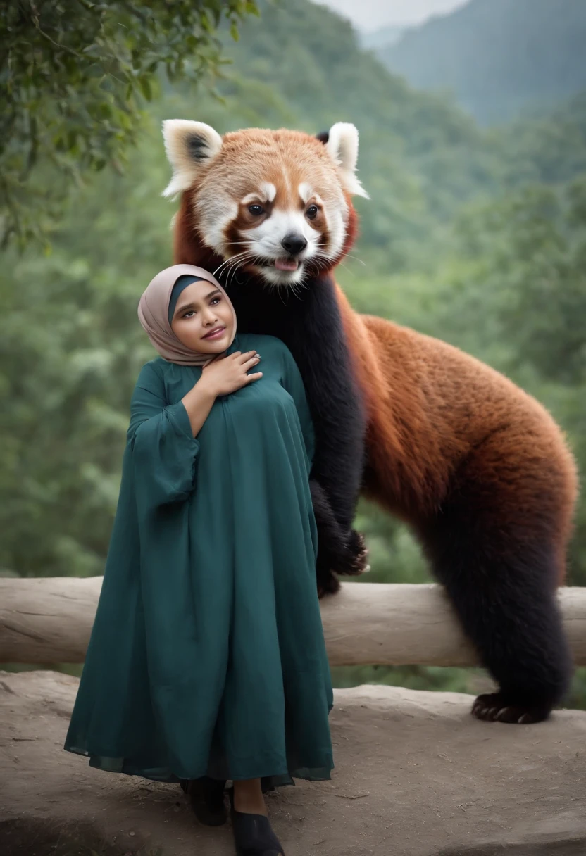 Compose a captivating and realistic photograph that blends the traditional beauty of a Malay girl in a hijab with the enchantment of a fantasy world. Transport your subject and the giant red panda into a magical realm filled with lush, otherworldly landscapes, surreal creatures, and vibrant colors. Create a scene that conveys a sense of wonder and harmony between the girl and her fantastical companion, evoking the idea of a unique and heartwarming connection between two worlds