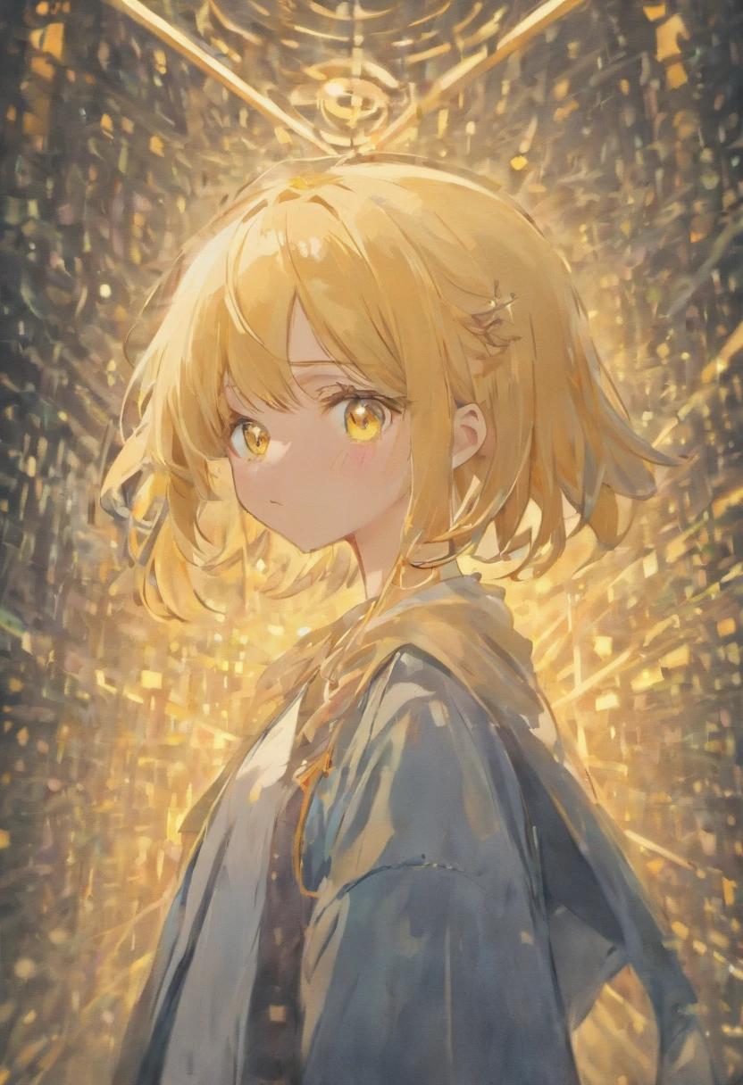 quadratic element,Yellow-haired,teens girl,Gray eye,Hair covers the right eye,Sick