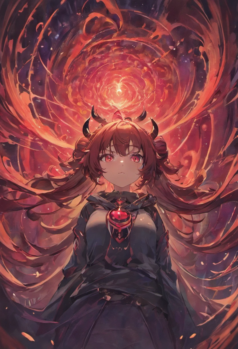 enigmatic but playful, Mysterious, Emerald eyes, (Rich crimson hair), (wavy cascading long hair), ((Twin pitch black demon horns)), otherworldly, exceptionally beautiful, plump, curvy, (tight brown T-Shirt), (tight blue jeans that hug curves), (ethereal spirit), teasing smile, (high quality), volumetric lighting, living room background, evening light