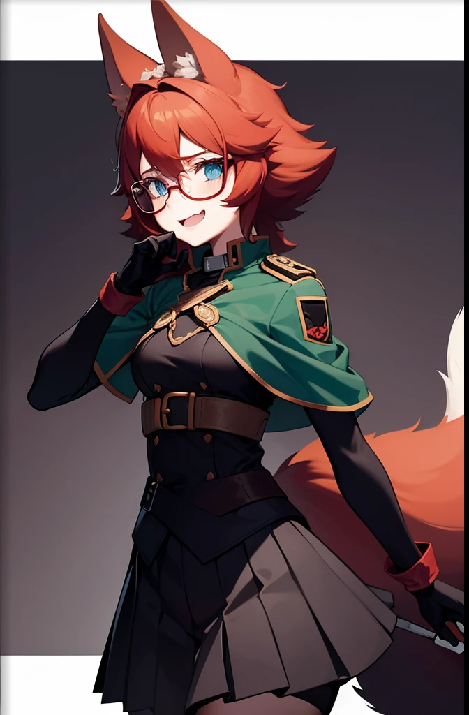 softly toned young adult, small breasts, short scruffy red hair, fox girl, pale blue eyes and black glasses, wearing a dark green coat, red comfy undershirt, long black pleated skirt, black autumn gloves, laughing