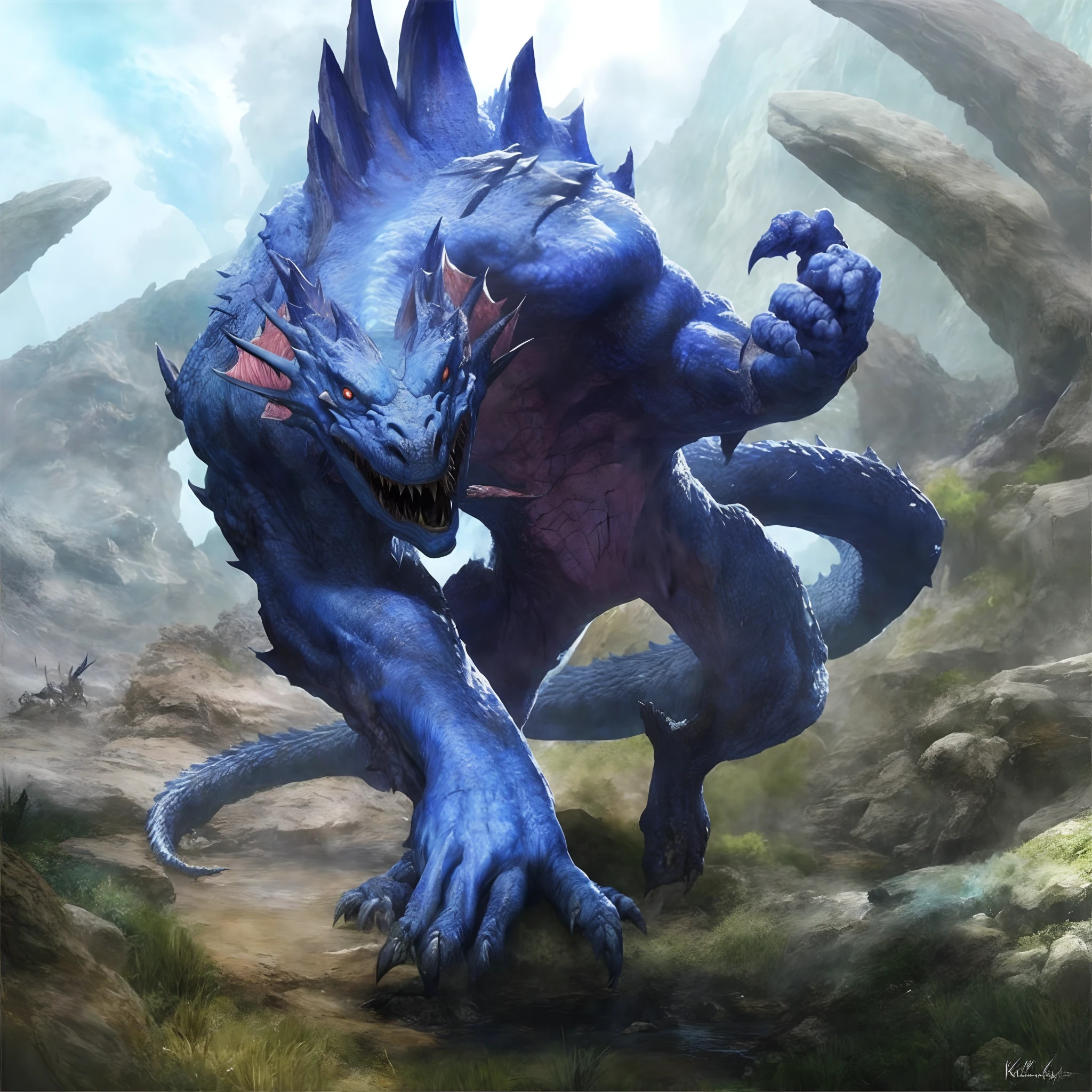 Painting a painting of a blue dragon attacking a man in a rocky area, author：Adam Maczynski, guillem h. pongiluppi, giant kaiju dragon monster, roshan, as a badass monster hunter, monster concept art, hyper realistic fantasy monster, magic the gathering card art, monster hunter monster, as a d & d monster, dragon vore art