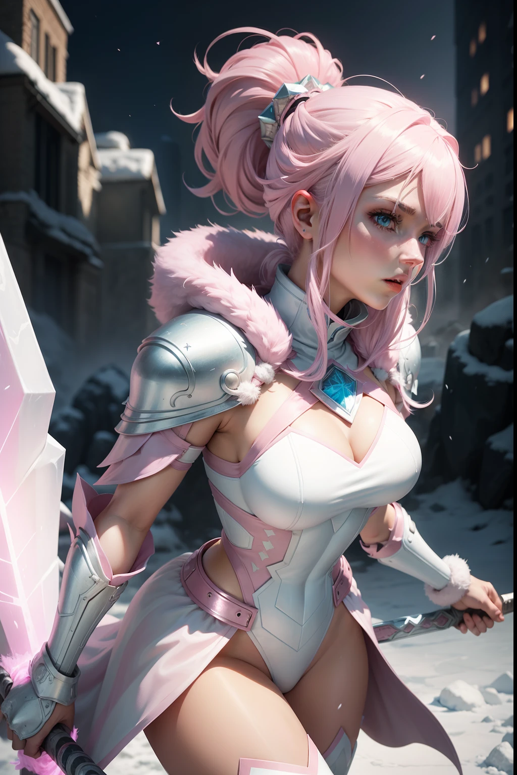 pink and white hair woman. ice armor. front a iced city. Ice sword in battle position