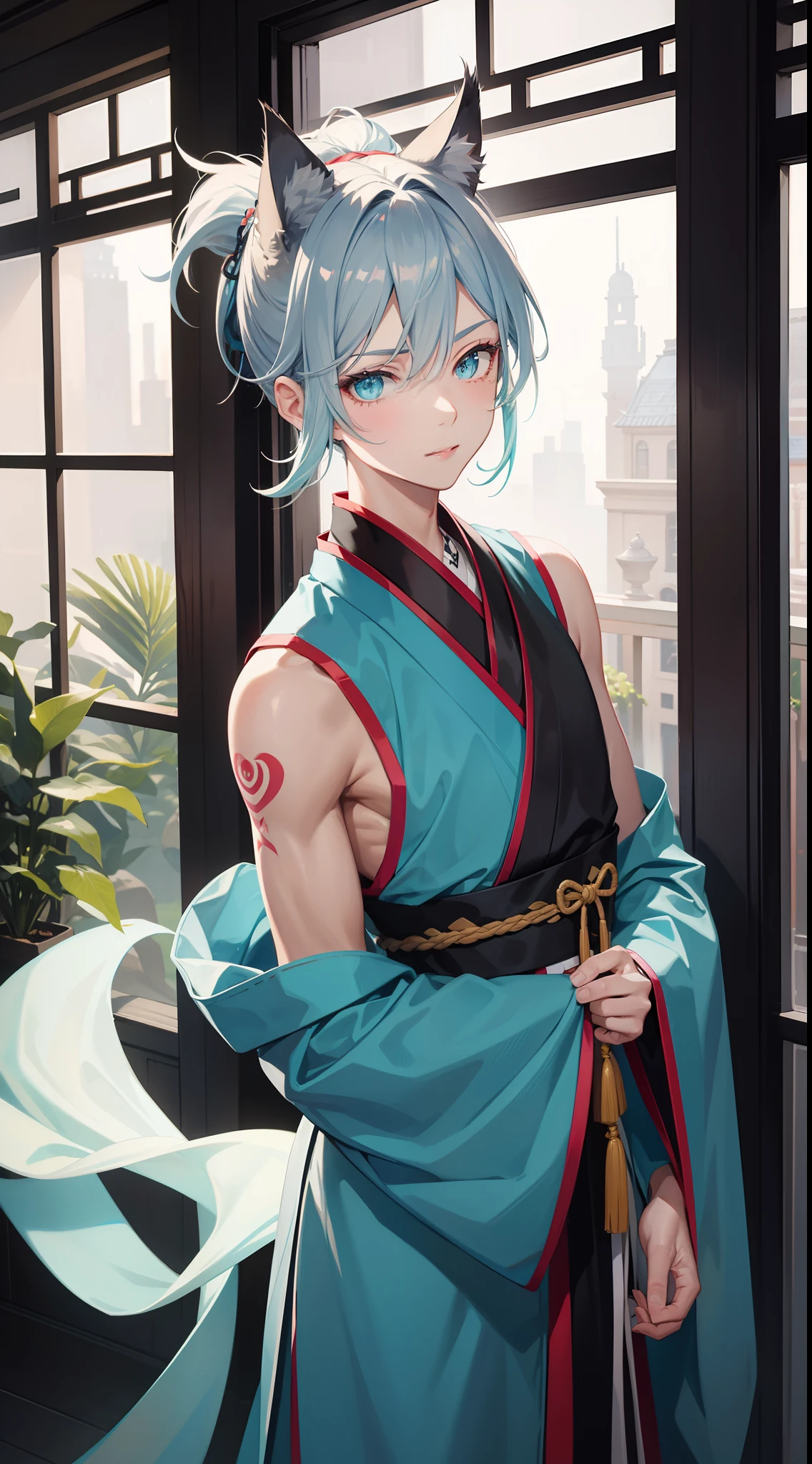 Young guy, short gray hair, high ponytail, Cyan eyes, Cat's ears, Hanfu, Sleeveless, Tatoo, Masterpiece, hiquality