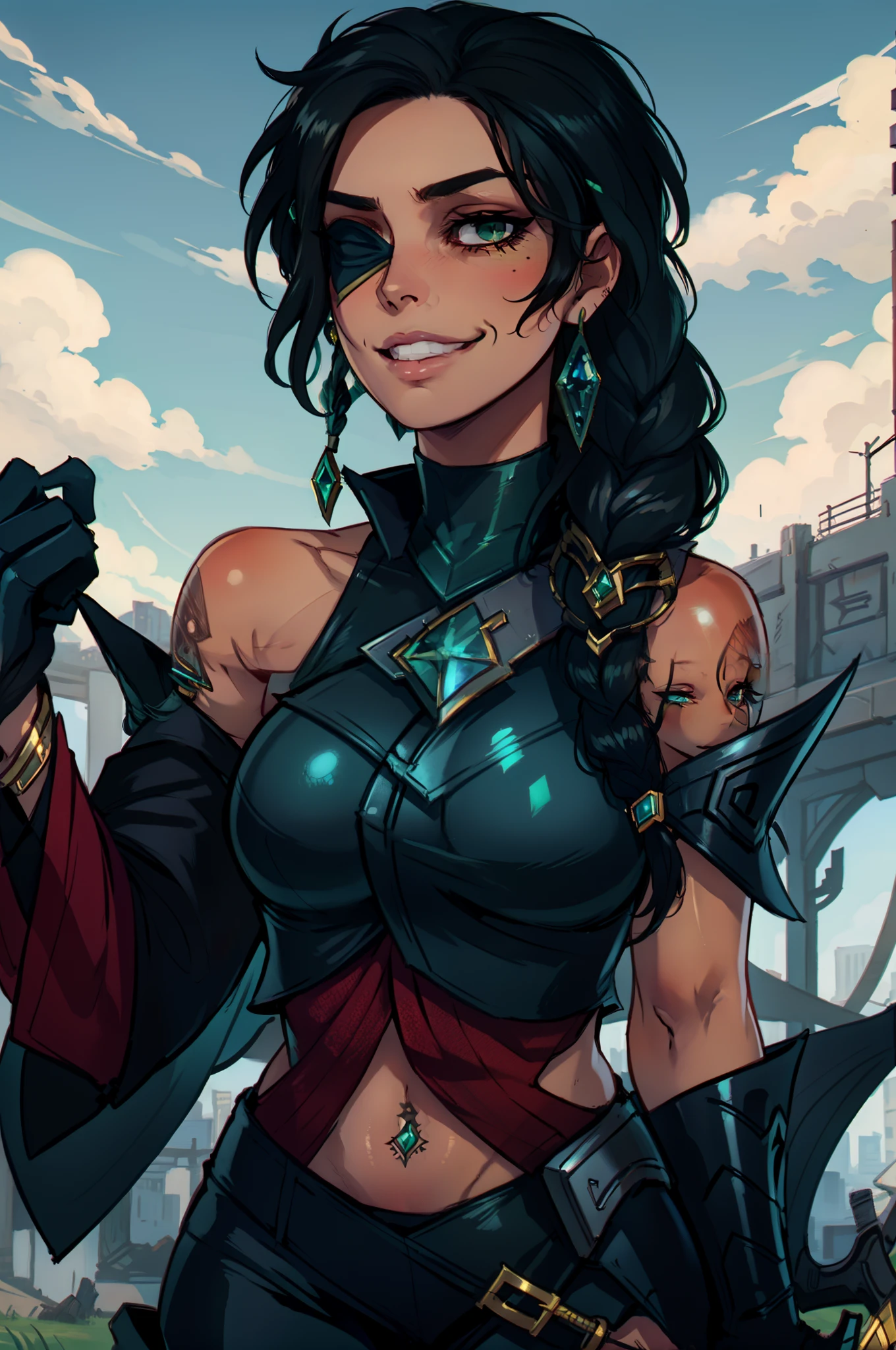 sky, field, grass, samira \(league of legends\), league of legends, 1girl, jewelry, tattoo, eyepatch, earrings, green eyes, braid, long hair, dark skin, gloves, armor, navel, bracelet, lips, hair over shoulder, smile, looking at viewer, arm tattoo, mole, mole above mouth, black clothes, black hair, red clothes details, master piece, best quality, portrait close up face