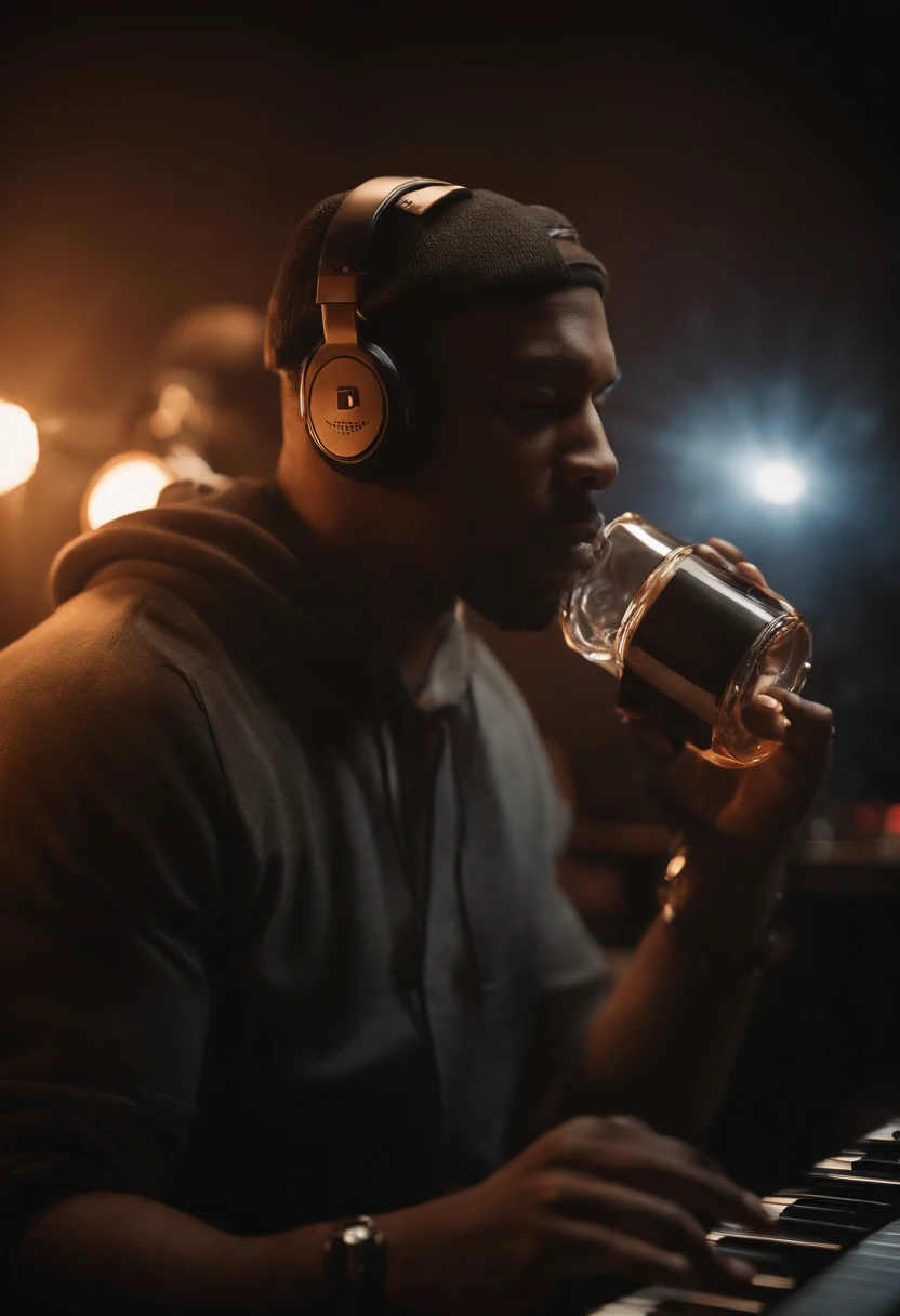 I'm in a professional studio doing rap beats, I'm drinking something and there's smoke in the room