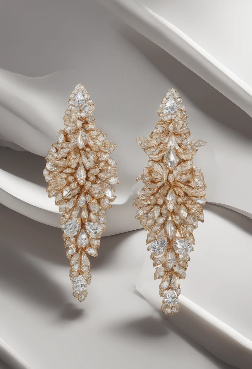 A pair of diamond earrings on white background, In the style of trompe l'oeil pleats, Light brown and gold, radiation clusters, Dramatic gestures, reuthentic, tooth wu, to contrast
