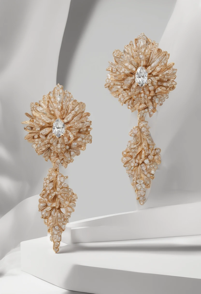 A pair of diamond earrings on white background, In the style of trompe l'oeil pleats, Light brown and gold, radiation clusters, Dramatic gestures, reuthentic, tooth wu, to contrast