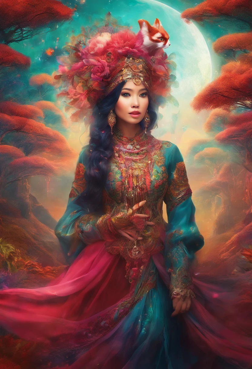 Compose a captivating and realistic photograph that blends the traditional beauty of a Malay girl in a hijab with the enchantment of a fantasy world. Transport your subject and the giant red panda into a magical realm filled with lush, otherworldly landscapes, surreal creatures, and vibrant colors. Create a scene that conveys a sense of wonder and harmony between the girl and her fantastical companion, evoking the idea of a unique and heartwarming connection between two worlds