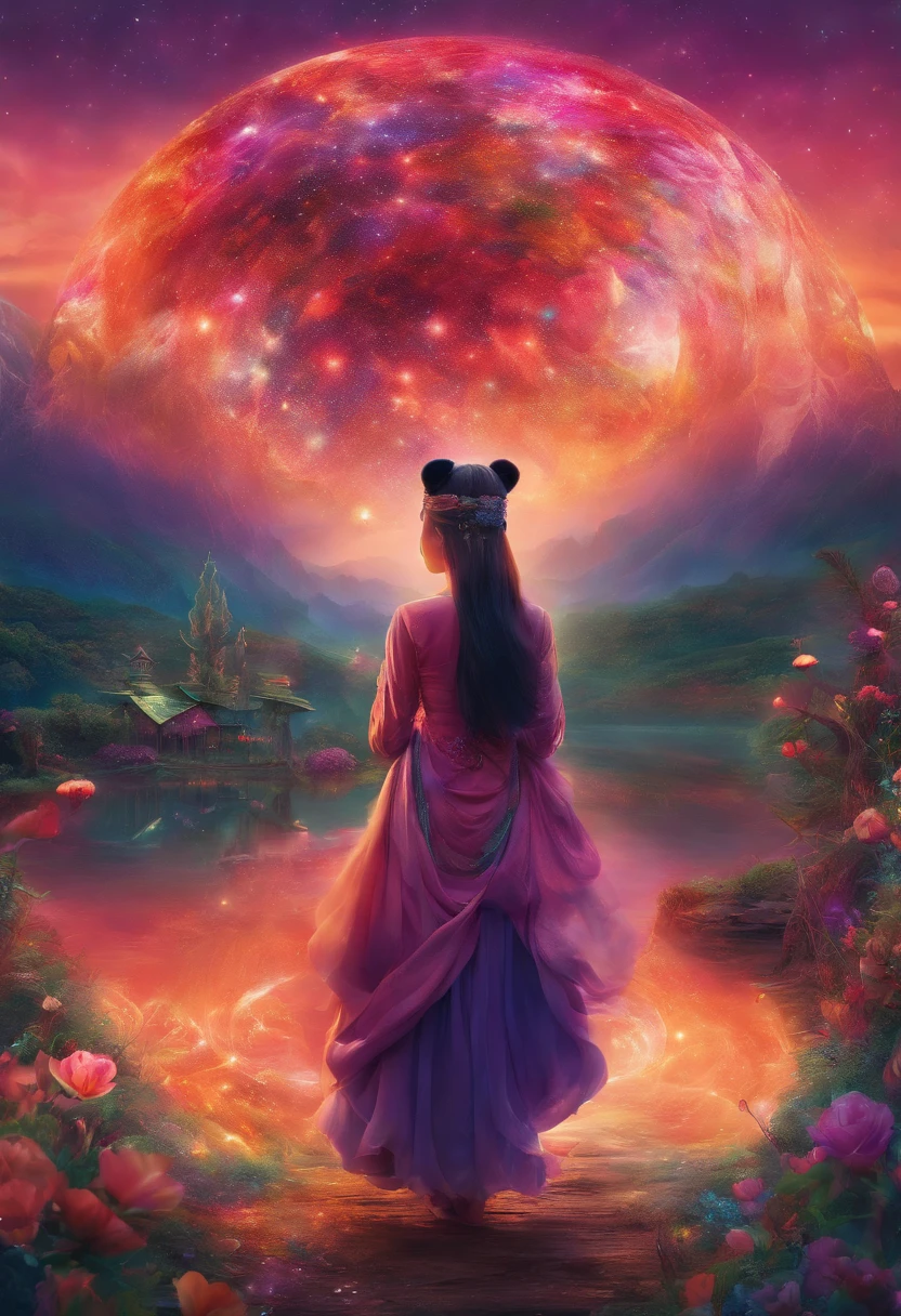 Compose a captivating and realistic photograph that blends the traditional beauty of a Malay girl in a hijab with the enchantment of a fantasy world. Transport your subject and the giant red panda into a magical realm filled with lush, otherworldly landscapes, surreal creatures, and vibrant colors. Create a scene that conveys a sense of wonder and harmony between the girl and her fantastical companion, evoking the idea of a unique and heartwarming connection between two worlds