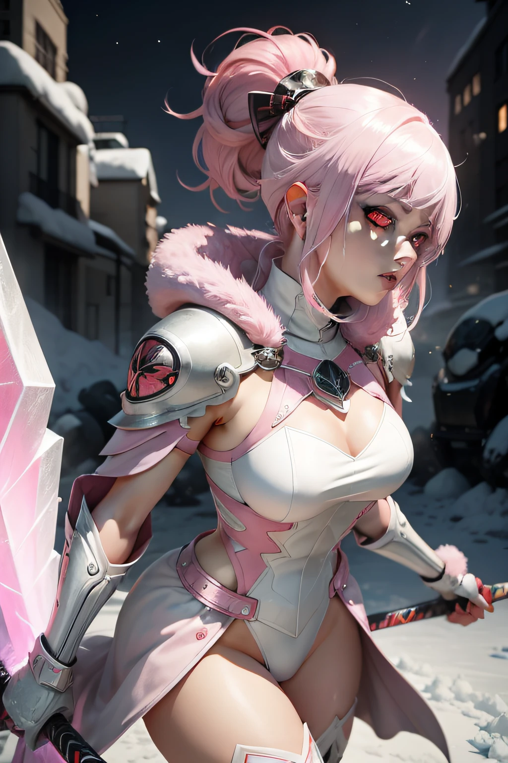pink and white hair woman. black and red tokyo ghoul eyes. ice armor. front a iced city. Ice sword in battle position.