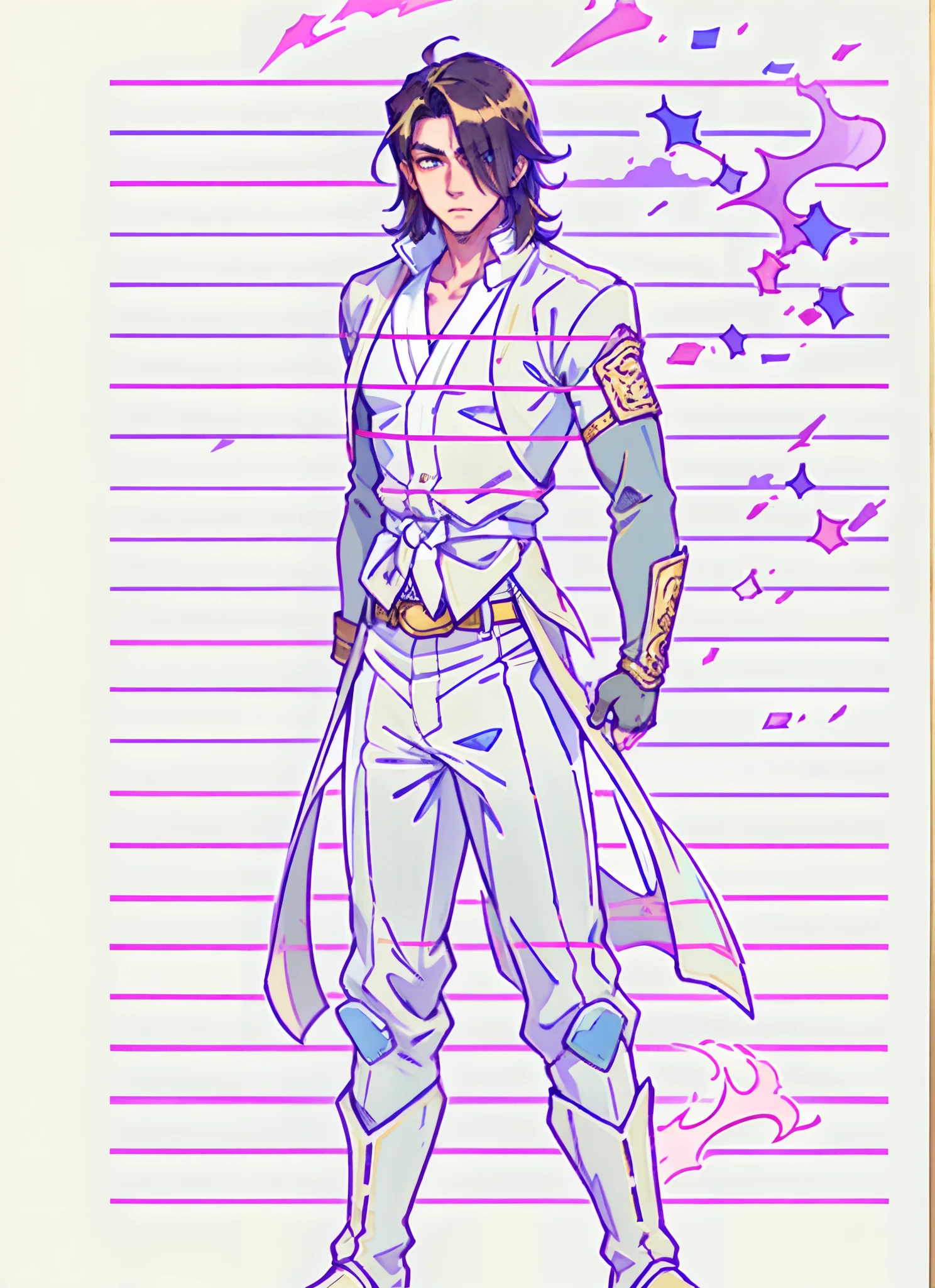 A young man with flowing black hair, a tuft of golden hair that partially covers one eye, a handsome and resolute face, a trace of loneliness in his firm gaze, a two-piece outfit that combines fantasy and martial arts elements, consisting of a tight-fitting shirt and a jacket, the outfit features twisted flame patterns, with white as the main color and red and blue as secondary colors, wears gloves that also serve as wrist guards, dark pants, boots embellished with metal decorations, this character embodies a finely crafted fantasy-style Chinese martial hero design in anime, characterized by a sophisticated and mature manga art style, high definition, best quality, highres, ultra-detailed, ultra-fine painting, extremely delicate, professional, anatomically correct, symmetrical face, extremely detailed eyes and face, high quality eyes, creativity, RAW photo, UHD, 8k, Natural light, cinematic lighting, masterpiece:1.5