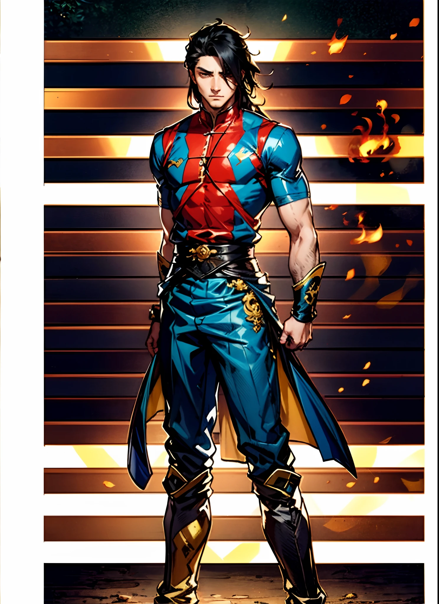 A young man with flowing black hair, a tuft of golden hair that partially covers one eye, a handsome and resolute face, a trace of loneliness in his firm gaze, a two-piece outfit that combines fantasy and martial arts elements, consisting of a tight-fitting shirt and a jacket, the outfit features twisted flame patterns, with white as the main color and red and blue as secondary colors, wears gloves that also serve as wrist guards, dark pants, boots embellished with metal decorations, this character embodies a finely crafted fantasy-style Chinese martial hero design in anime, characterized by a sophisticated and mature manga art style, high definition, best quality, highres, ultra-detailed, ultra-fine painting, extremely delicate, professional, anatomically correct, symmetrical face, extremely detailed eyes and face, high quality eyes, creativity, RAW photo, UHD, 8k, Natural light, cinematic lighting, masterpiece:1.5