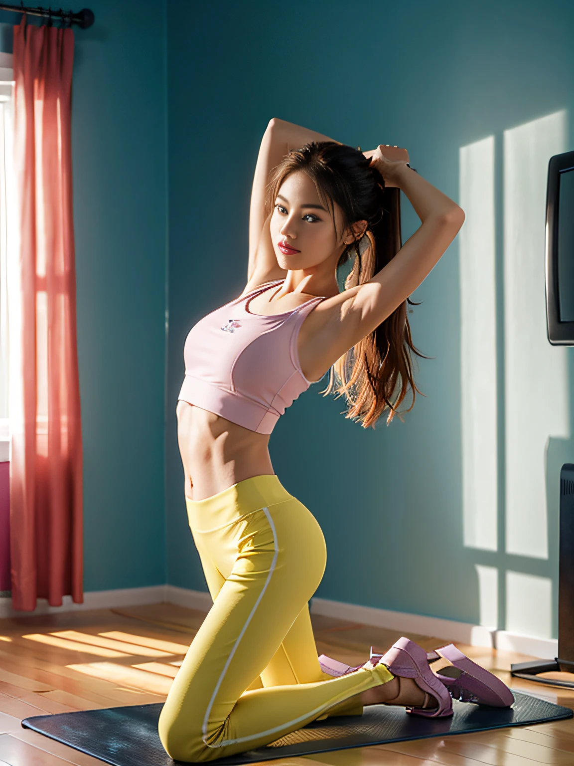 ((smallunderboob,Tomboyish,small heads)), (Well-defined abs: 1.1), (perfect bodies: 1.1), (short-length straighthair: 1.2), Black hair, upper body photos, attractive collarbone，nabel，（极其细致的CG 8k壁纸），（Extremely refined and beautiful），（tmasterpiece），（best qualtiy：1.0），（超A high resolution：1.0），beautiful light up，Perfect lightning，realistic shaded，[A high resolution]，Smooth and flawless fair skin，ultra - detailed ，Light pink purple yoga vest，Light pink-purple yoga pants，Yellow yoga shoes，Elongated legs，flatchest，Slim，emaciated，On The Home，Have in the living room，inside in room，Simple gym décor，Teal background，Wall-mounted TV，Yellow curtains，Treadmill，Gym Machine，dumbbell，in the afternoon，On a yoga mat，and hold your head in your hands