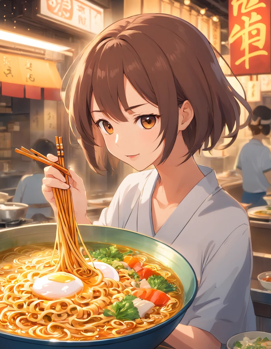 Delicious and tempting spicy noodles,Fresh vegetables are plentiful,The aroma of the poached egg is overflowing,Brown shell is delicious and delicious,A pimenta tem um sabor forte,The yellow bamboo shoots are crispy and delicious,O fungo tem um sabor delicado,A coalhada de soja tem um bom sabor final,The noodles caught by the chopsticks are fragrant。illustration