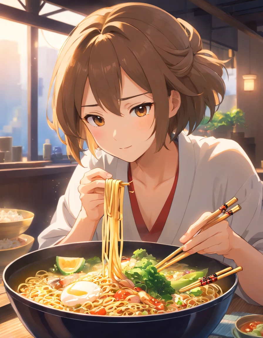 Delicious and tempting spicy noodles,Fresh vegetables are plentiful,The aroma of the poached egg is overflowing,Brown shell is delicious and delicious,A pimenta tem um sabor forte,The yellow bamboo shoots are crispy and delicious,O fungo tem um sabor delicado,A coalhada de soja tem um bom sabor final,The noodles caught by the chopsticks are fragrant。illustration