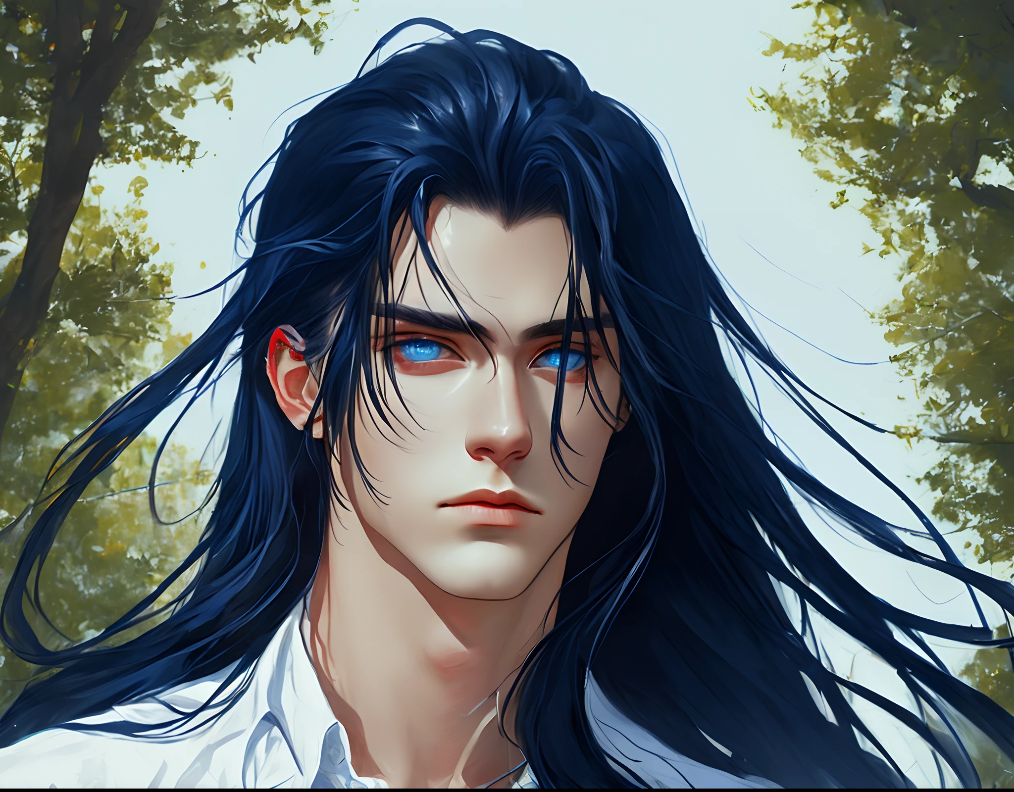 Man with divine blue eyes and long dark blue hair with white streaks