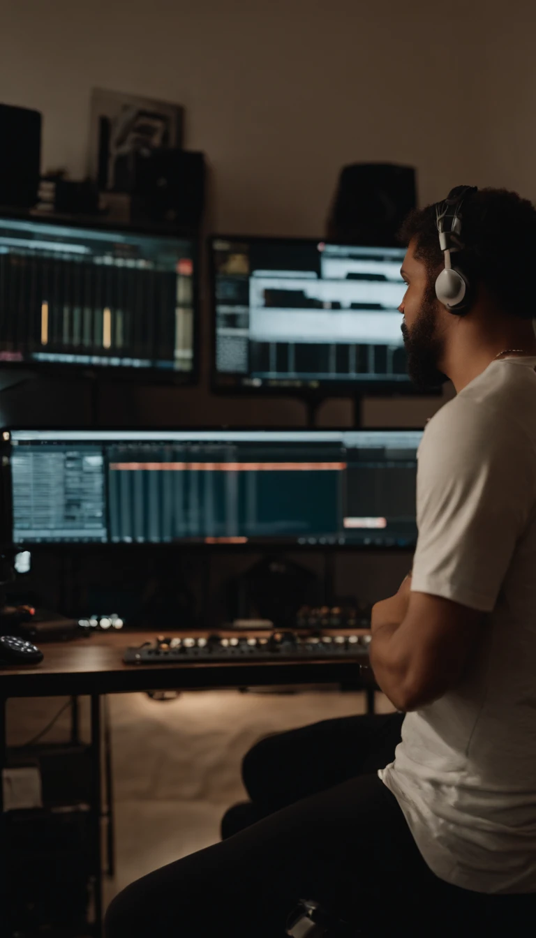 Making rap beats in a home studio, The camera in the back of the room photographed me on my back I was facing the monitors and I'm standing with my head down listening to the music, usando uma camisa preta