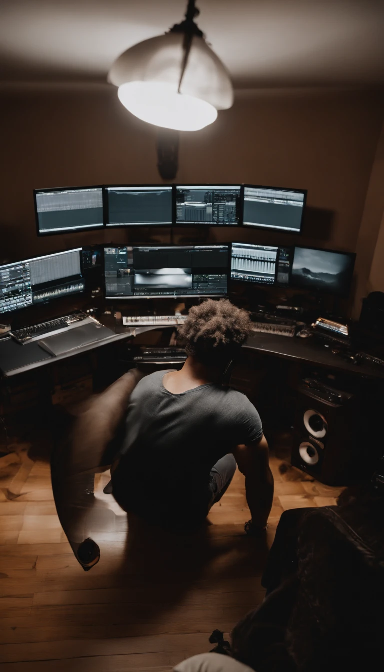 Making rap beats in a home studio, The camera in the back of the room photographed me on my back I was facing the monitors and I'm standing with my head down listening to the music, usando uma camisa preta