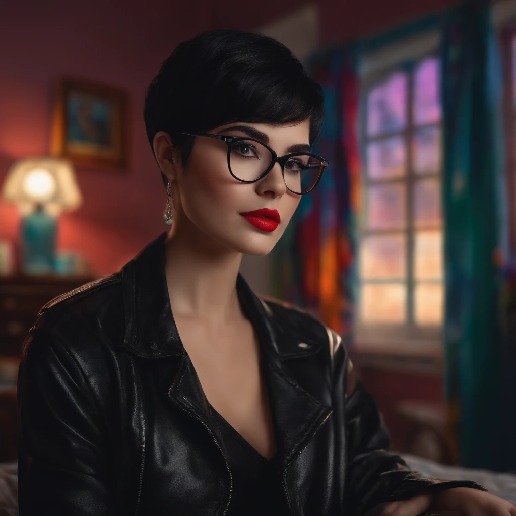 girl, wearing eyeglasses, short black hair, wearing black jacket, at her room
