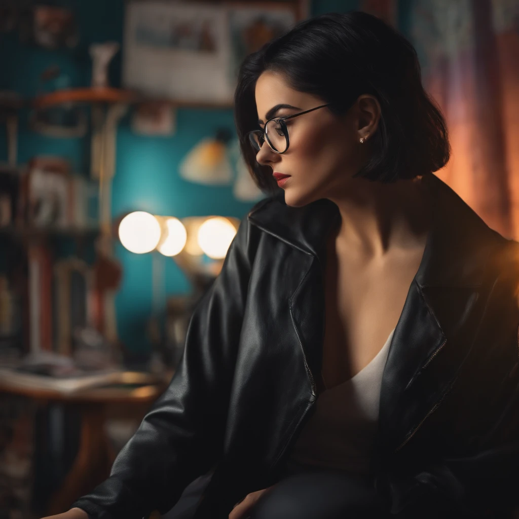 girl, wearing eyeglasses, short black hair, wearing black jacket, at her room