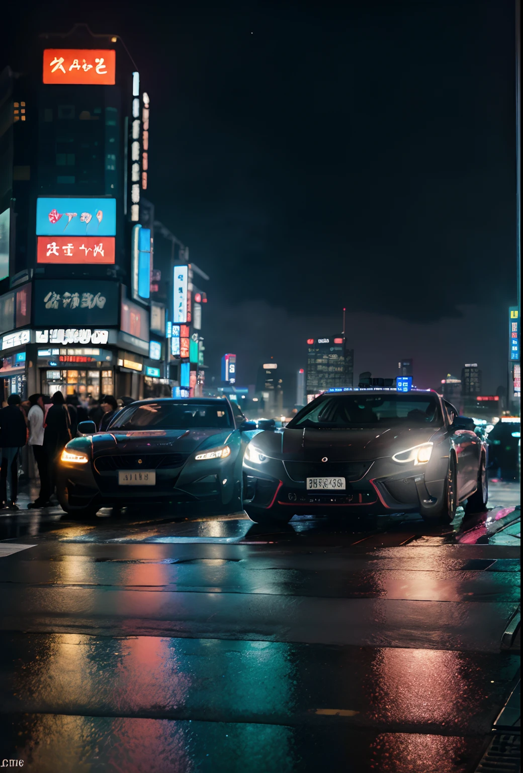 ((best quality)), ((masterpiece)), ((ultra realistic)), ((night time)), majestically detailed soft oil painting by jim lee, beautiful neon cyberpunk Tokyo, reflections, raining, crowded scifi city street, futuristic cars, night time, metallic, neon edge lighting, people, umbrellas, professional, skyscrapers, deep shadows, masterpiece, realistic, roughness, ultra realistic, photographed on a Canon EOS R5, 50mm lens, F/2.8, HDR, 8k resolution, highres, high detail, sharp focus, smooth, roughness, real life, photorealism, photography, 8k uhd,