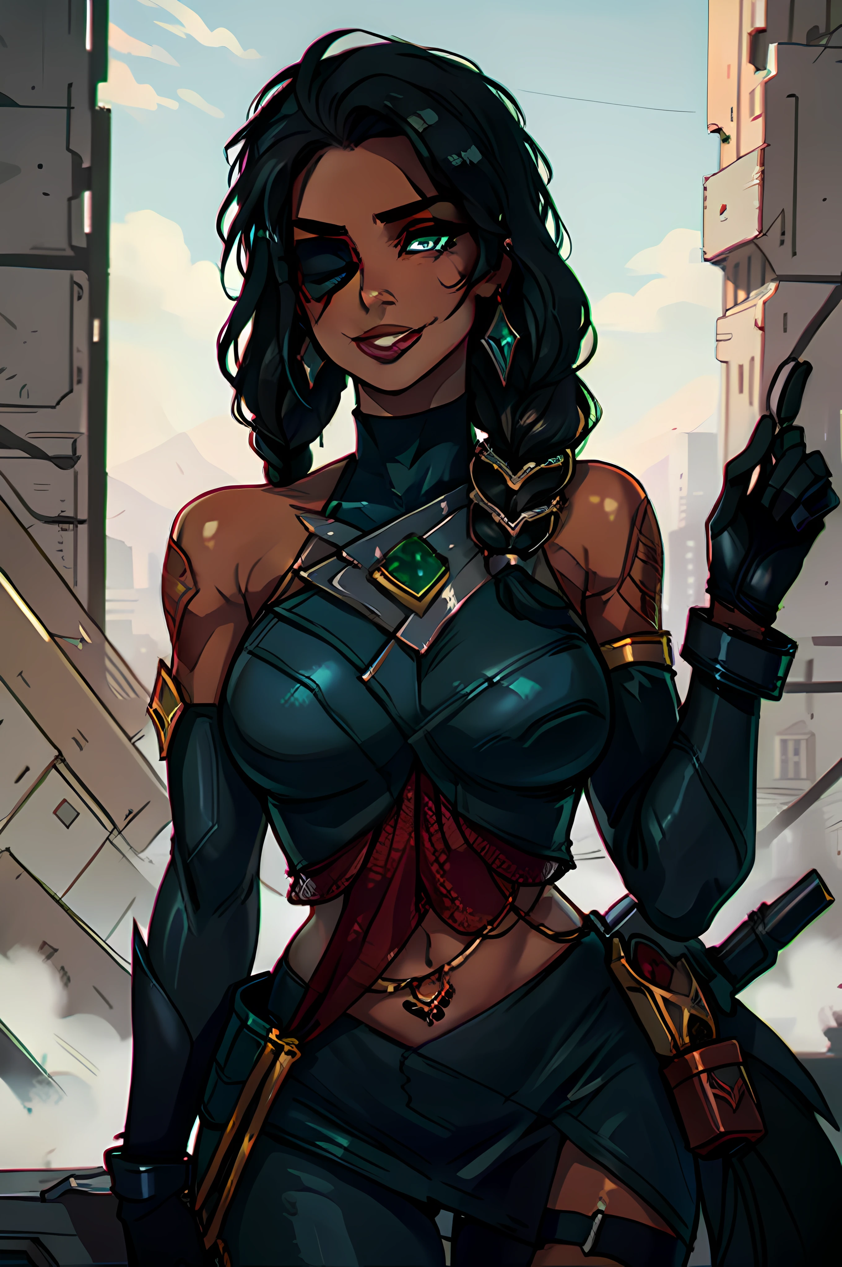 Desert,, samira \(league of legends\), league of legends, 1girl, jewelry, tattoo, eyepatch, earrings, green eyes, braid, long hair, dark skin, gloves, armor, navel, bracelet, lips, hair over shoulder, smile, looking at viewer, arm tattoo, mole, mole above mouth, black clothes, black hair, red clothes details, master piece, best quality, portrait close up face, beautiful