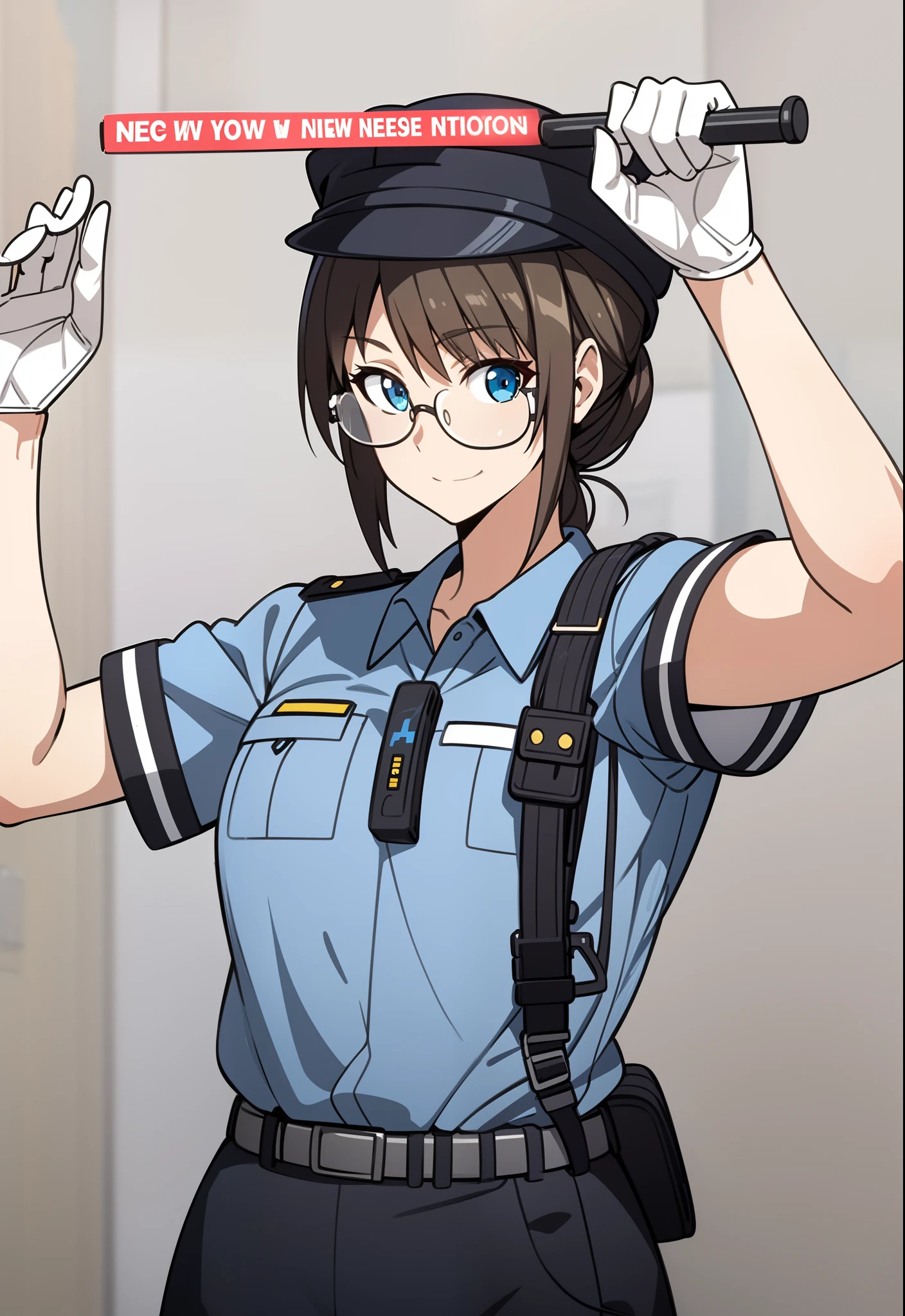 half body to thigh, night in streets of New York, a Police woman, she wear a uniform with police hat, she has long blond hair in a bun, dynamic pose, stand centered in front to camera, cute and adorable, drawing style, digital art, centered, dynamic pose, complex blurry background, lushill style, exquisitely detailed elements, detailed perfect face, detailed clear eyes, intricate, extremely detailed, highly detailed, realistic look, vivid colors, rim lighting, sharp focus, digital art, unreal engine, concept art, octane render, 8k, trending on Artstation, (((glasses)))