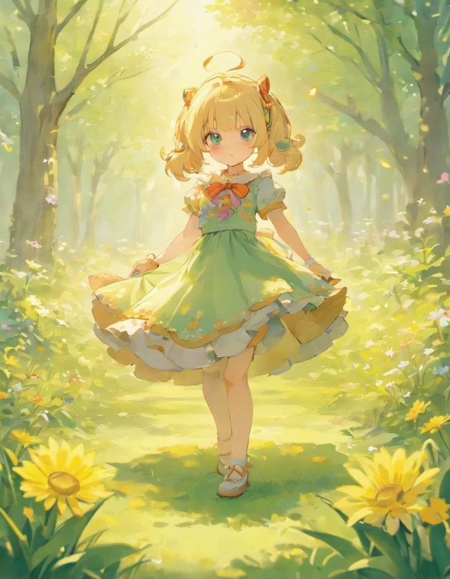 Background: Sunny afternoon
Girl:
Blonde hair: Shining in the sun, part of the hair covers the face, revealing a sense of mystery
Dark blue eyes: clear and bright, revealing intelligence and cunning, staring ahead and smiling
Black Goro dress: The style is simple and generous, with some small animal patterns, and the neckline and hemline are rounded
Small white sandals: Decorated with colorful bows, LACES around the ankle, comfortable to wear
Teddy Bear and wildflower in hand: Teddy bear in the left hand, the color echoes the girl's dress; The wildflowers are on the right. The flowers are pink and white
Grassland:
Green: Bright green makes people feel vibrant, and there are some small animals playing on the grass, adding interest
Small animals: rabbits, squirrels and birds, etc., they jump and play on the grass to create a happy atmosphere
Light source:
From the girl's right side: the sun shines on her hair, giving it a warm glow
Girl's left side: The sun shines through the leaves on the girl's dress, creating a soft light and shadow effect
