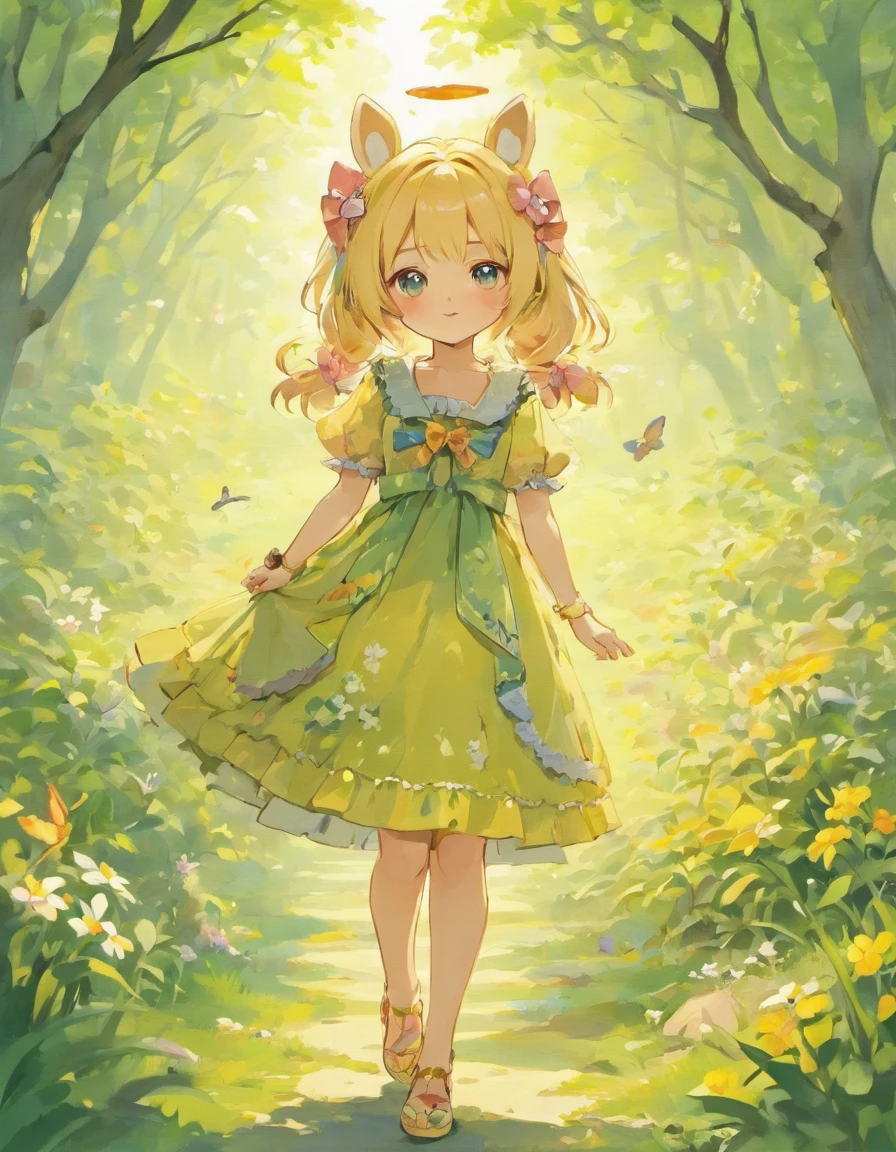 Background: Sunny afternoon

Girl:

Blonde hair: Shining in the sun, part of the hair covers the face, revealing a sense of mystery
Dark blue eyes: clear and bright, revealing intelligence and cunning, staring ahead and smiling
Black Goro dress: The style is simple and generous, with some small animal patterns, and the neckline and hemline are rounded
Small white sandals: Decorated with colorful bows, LACES around the ankle, comfortable to wear
Teddy Bear and wildflower in hand: Teddy bear in the left hand, the color echoes the girl's dress; The wildflowers are on the right. The flowers are pink and white
Grassland:

Green: Bright green makes people feel vibrant, and there are some small animals playing on the grass, adding interest
Small animals: rabbits, squirrels and birds, etc., they jump and play on the grass to create a happy atmosphere
Light source:

From the girl's right side: the sun shines on her hair, giving it a warm glow
Girl's left side: The sun shines through the leaves on the girl's dress, creating a soft light and shadow effect