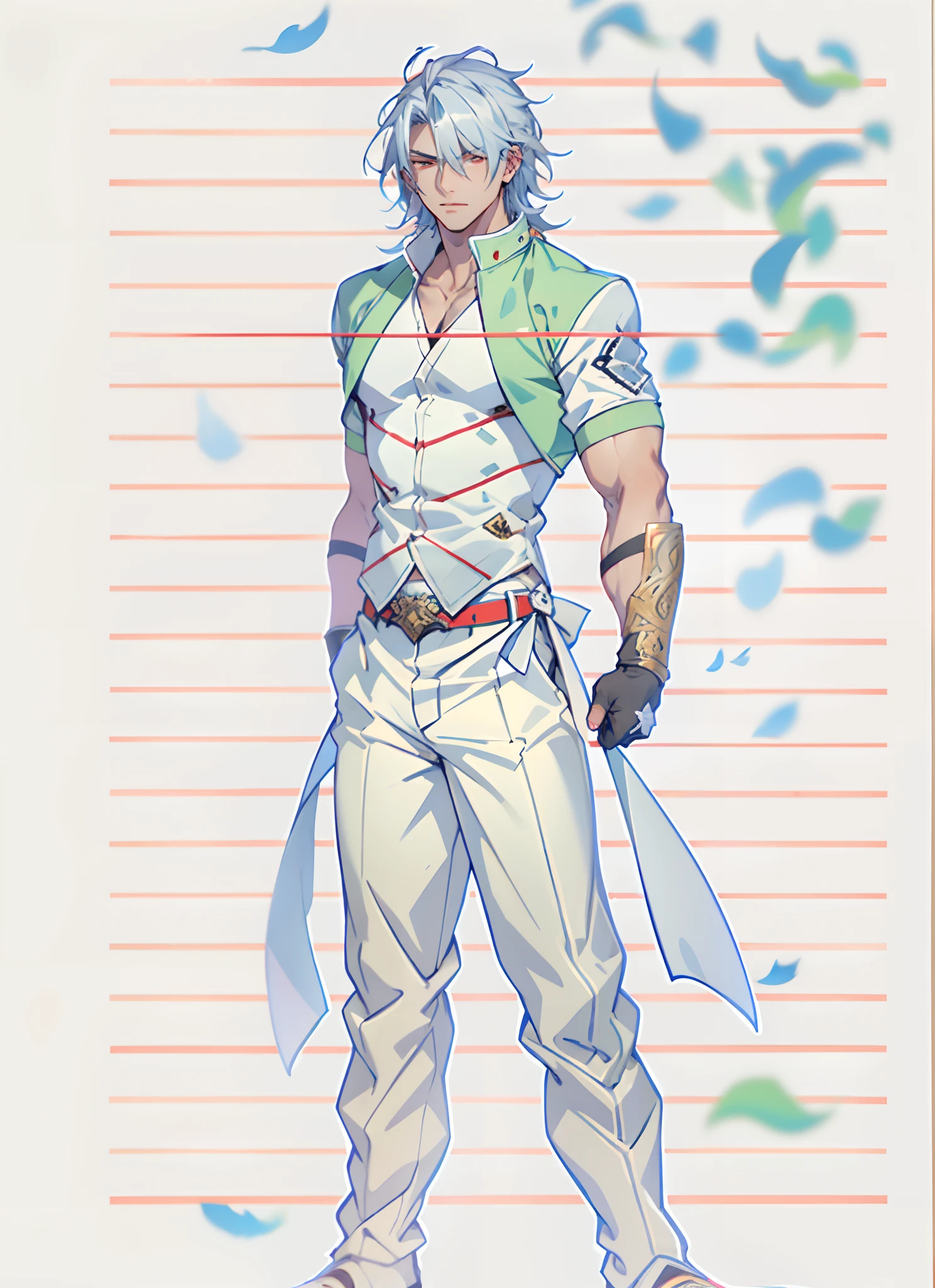 A young man with flowing black hair, a tuft of golden hair that partially covers one eye, a handsome and resolute face, a trace of loneliness in his firm gaze, a two-piece outfit that combines fantasy and martial arts elements, consisting of a tight-fitting shirt and a jacket, the outfit features twisted flame patterns, with white as the main color and red and blue as secondary colors, wears gloves that also serve as wrist guards, dark pants, boots embellished with metal decorations, this character embodies a finely crafted fantasy-style Chinese martial hero design in anime, characterized by a sophisticated and mature manga art style, high definition, best quality, highres, ultra-detailed, ultra-fine painting, extremely delicate, professional, anatomically correct, symmetrical face, extremely detailed eyes and face, high quality eyes, creativity, RAW photo, UHD, 8k, Natural light, cinematic lighting, masterpiece:1.5